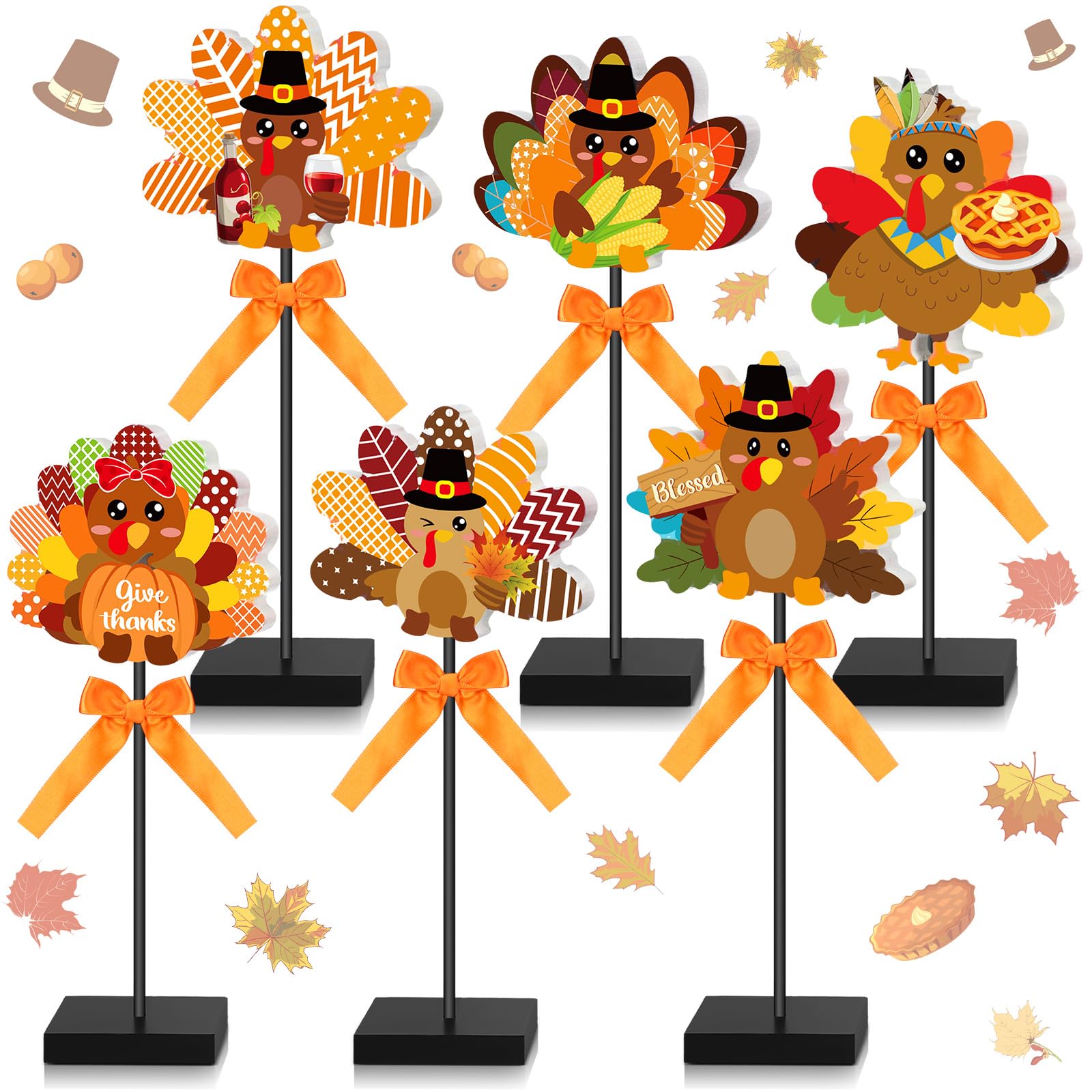 Briwooody 6 Pcs Thanksgiving Turkey Table Decorations Set Turkey Wooden Sign Fall Party Decor Tall Standing Table Sign for Harvest Happy Thanksgiving Autumn Party Supplies Home Office Decorations