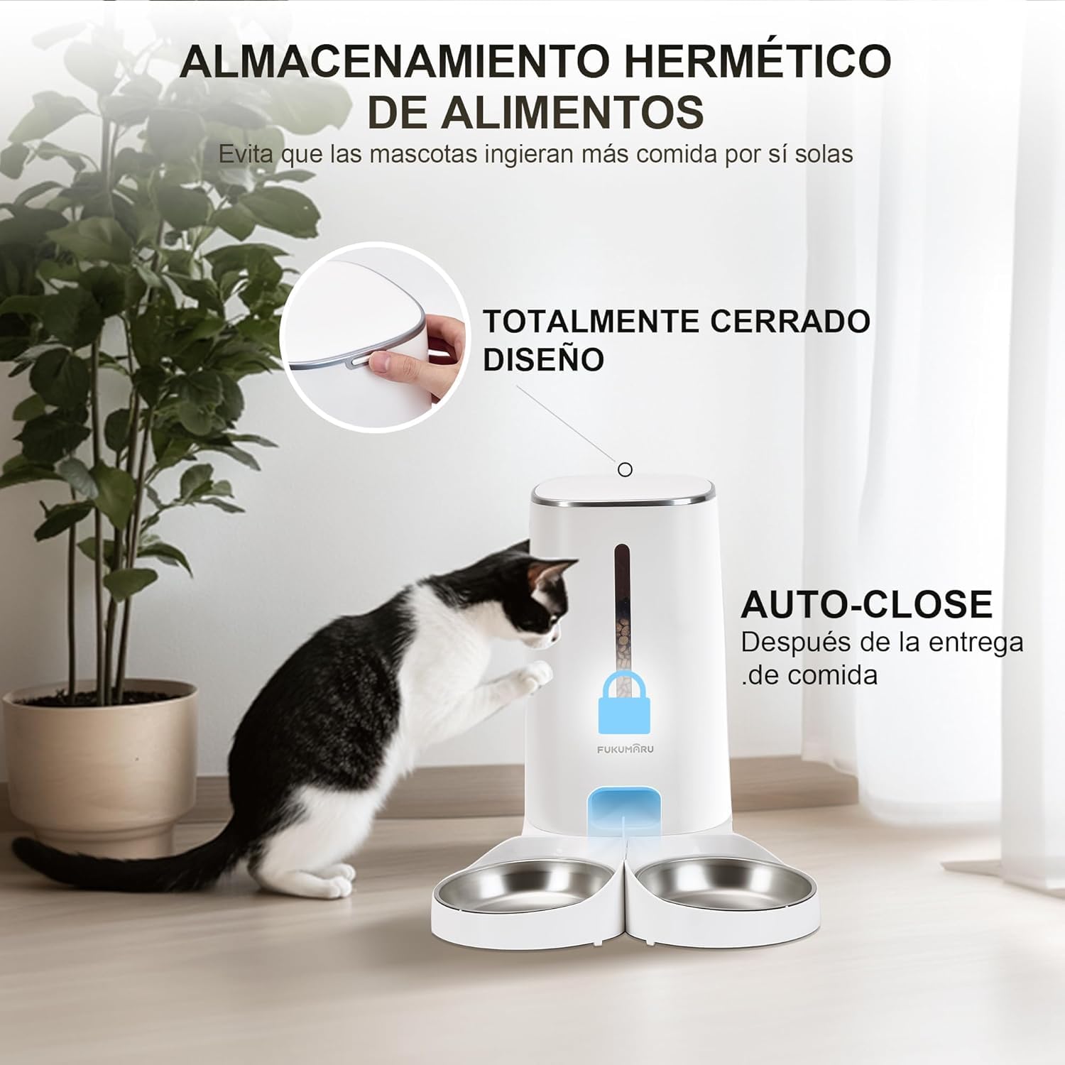FUKUMARU Comedero automático para gatos, 4 L, con WiFi con doble tazón, dispensador automático de comida para gatos y perros, con horario personalizado, funciona con batería y electricidad por cable