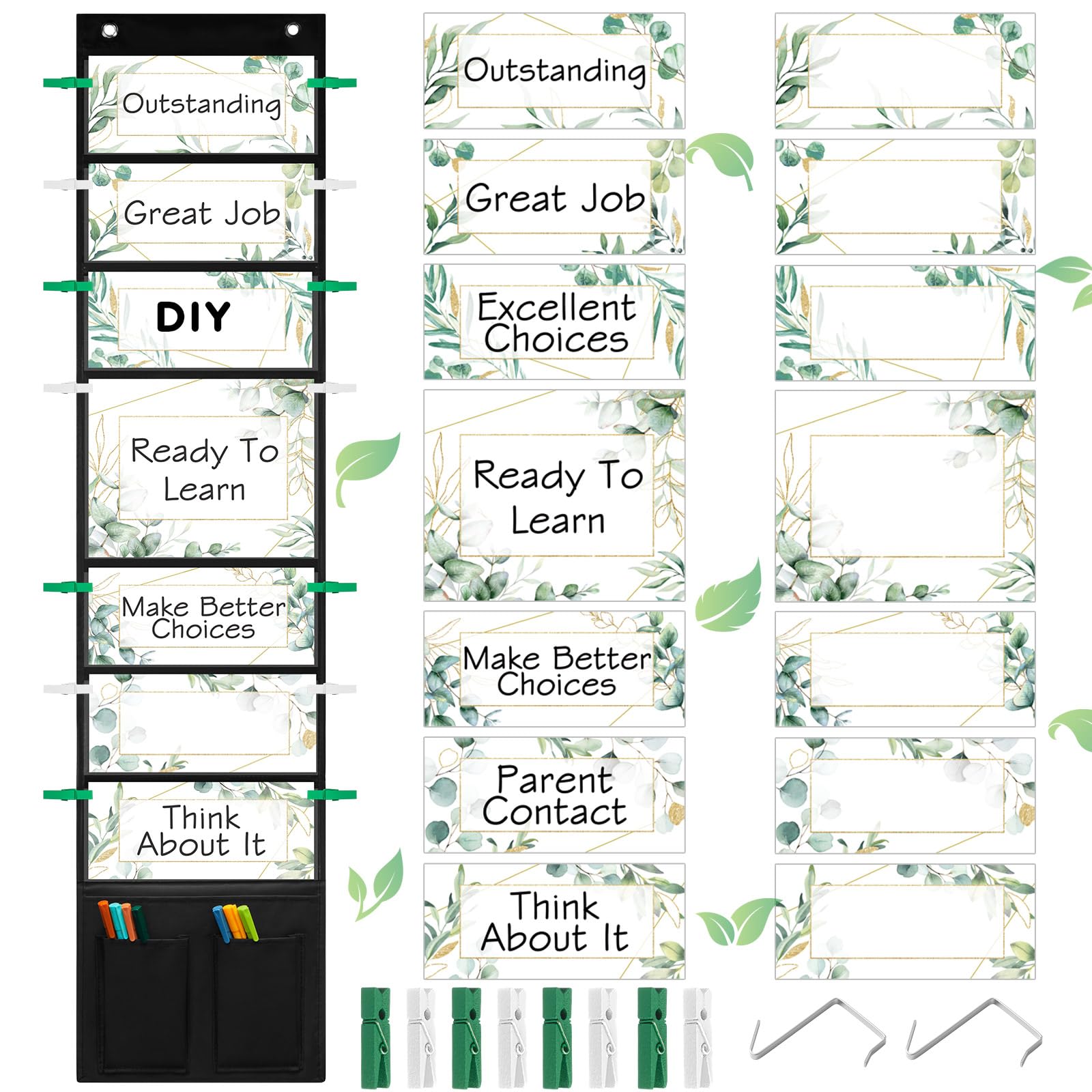 Eersida 49 Pcs Eucalyptus Student Behavior Clip Chart for Classroom Management Kids Track Reward Incentive Behavior Pocket Chart Bulletin Board Teacher Supplies for Preschools Daycares Homeschool