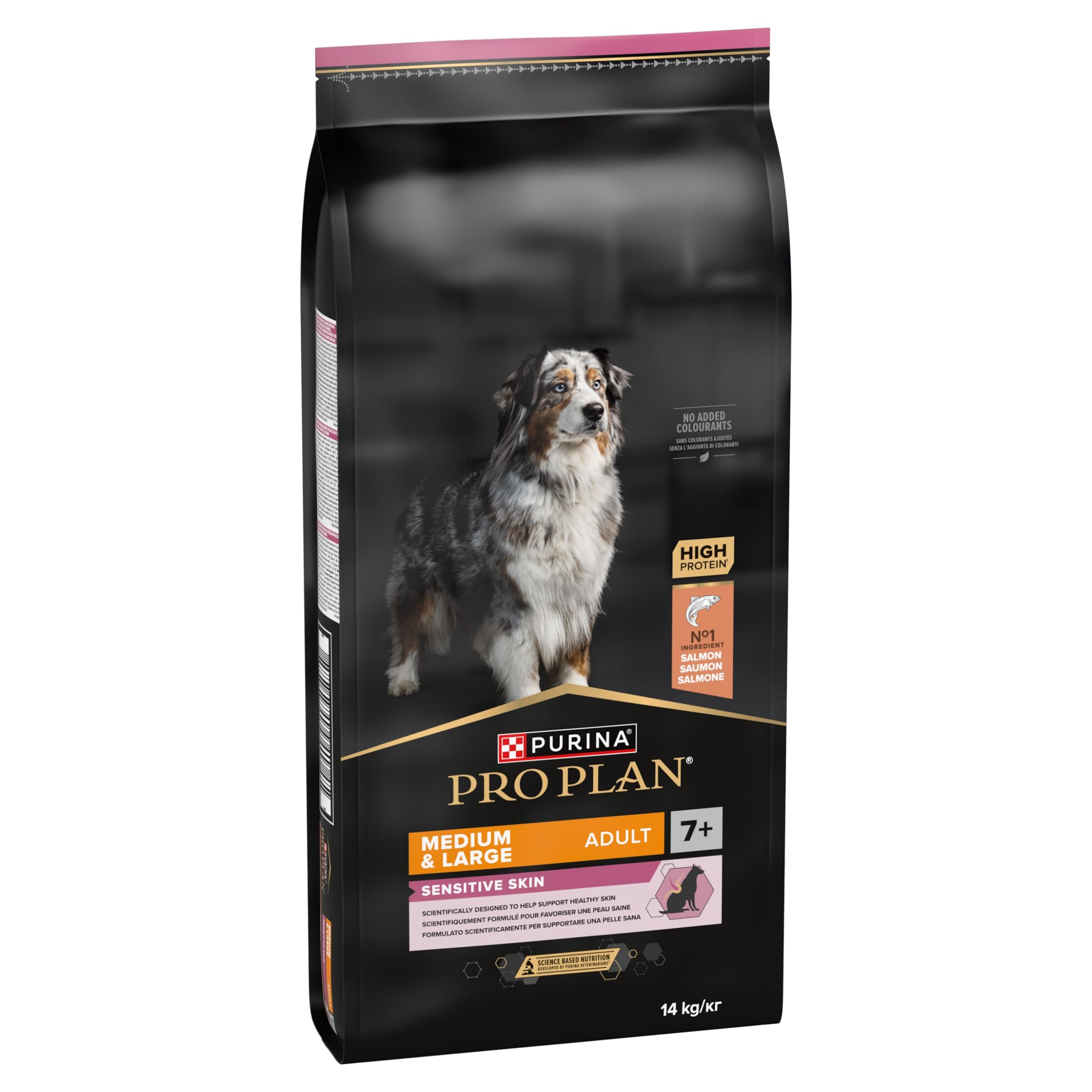 PURINA PRO PLAN | Sensitive Skin | Croquettes complètes pour chiens de moyenne et grande taille de plus de 7 ans | Favorise une peau saine et un pelage brillant | Au Saumon | Croquettes | Sac | 14 Kg