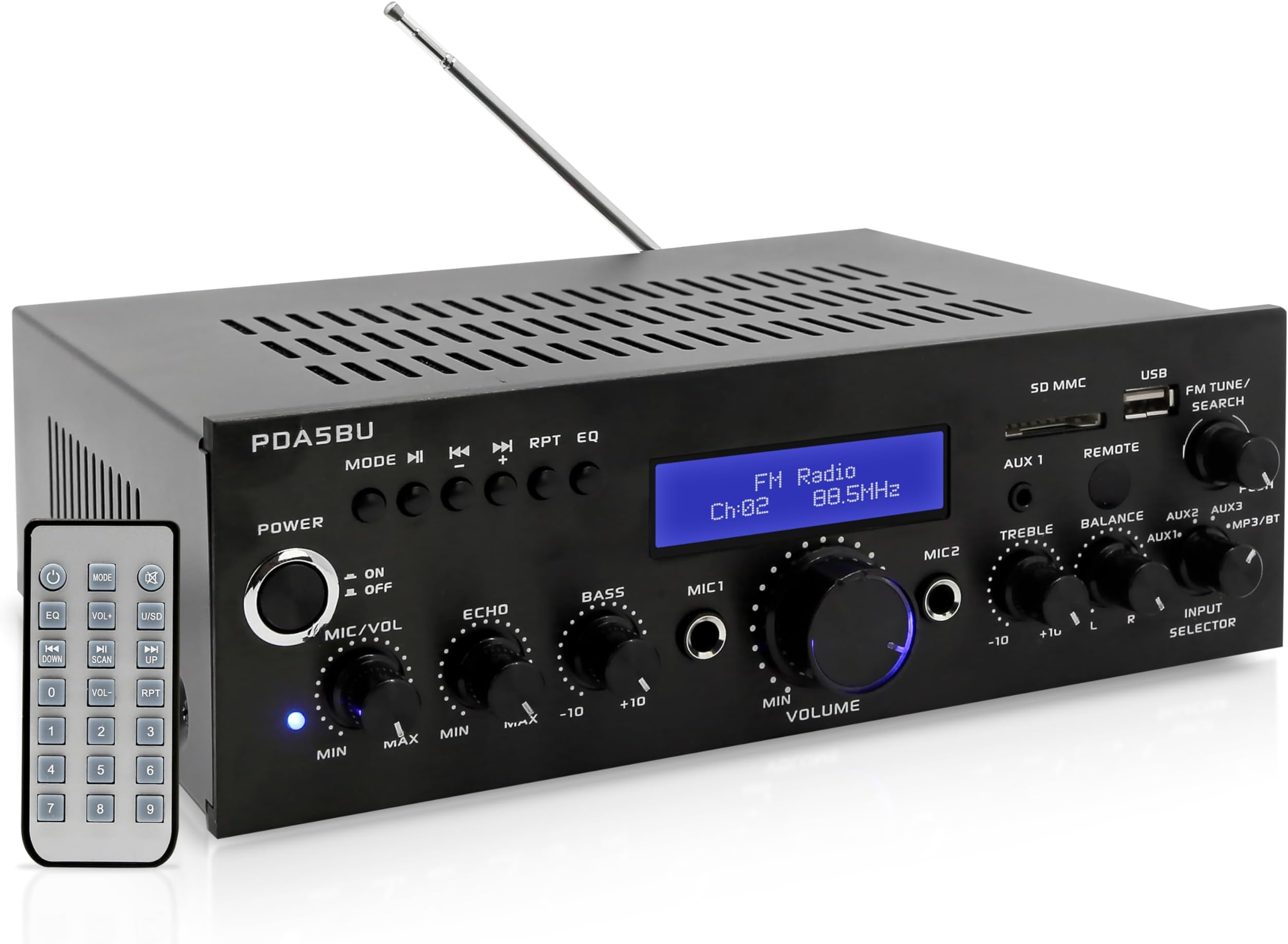 200 Watt Audio Stereo Receiver - Wireless Bluetooth Home Power Amplifier Home Entertainment System w/ AUX IN, USB Port, DVD CD Player, AM FM Radio, 2 Karaoke Microphone Input, Remote - Pyle PDA5BU.0