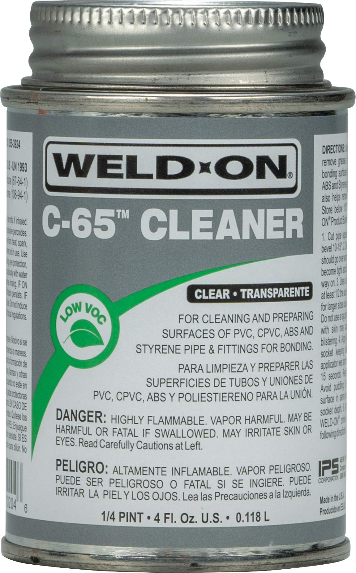 Weld-On 10204 C-65 PVC/CPVC/ABS/Styrene Cleaner - Low-VOC, Clear, 1/4 Pint (4 fl oz)