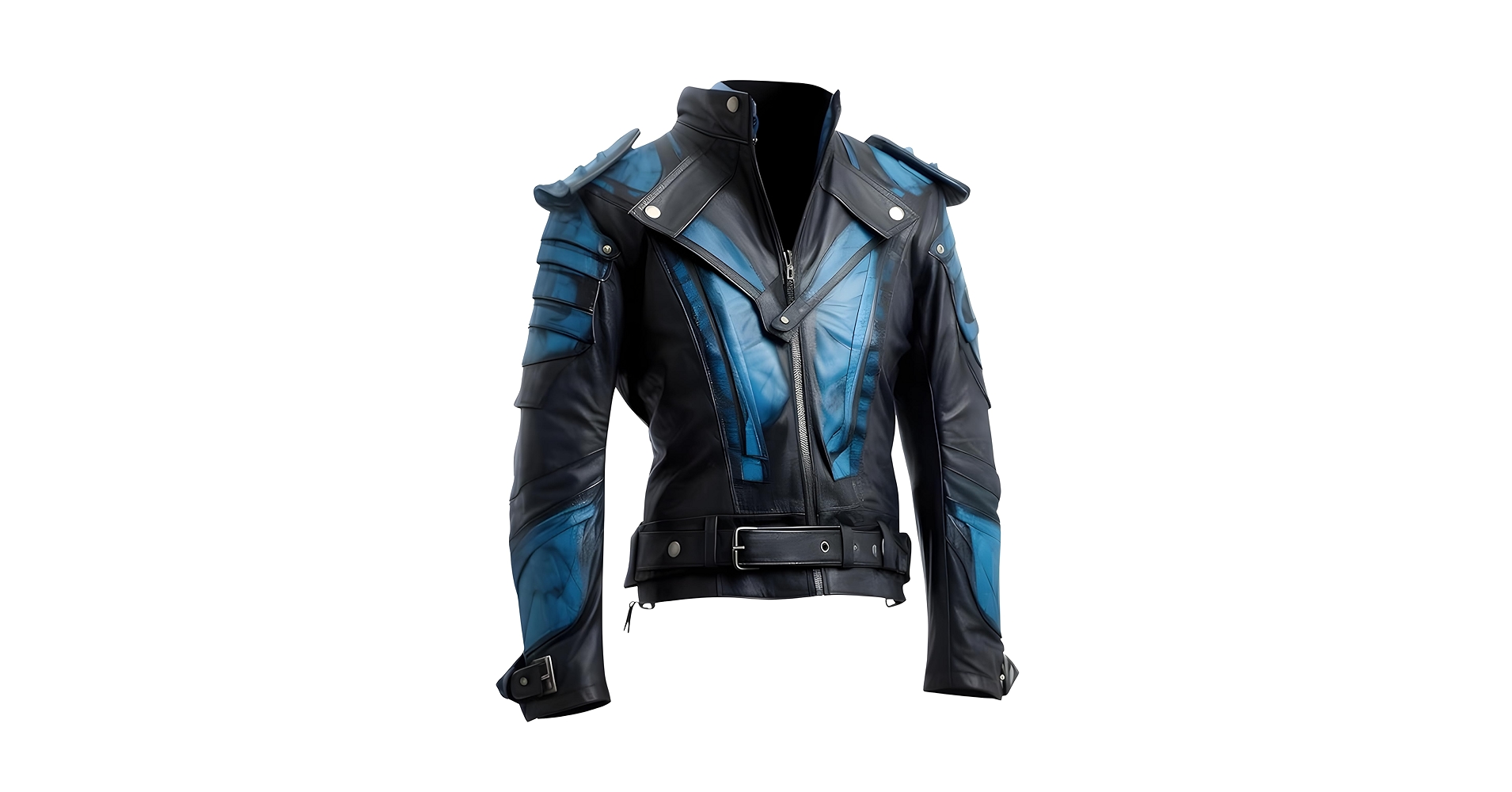 Real Leather Jacket with Blue Accents, Asymmetric Zipper