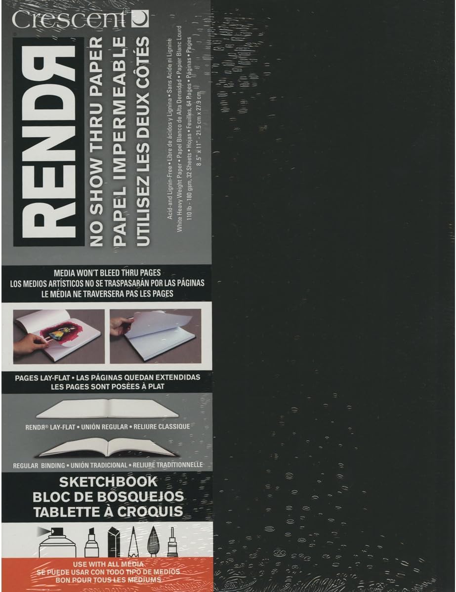 Crescent Cardboard Co RENDR No Show Thru Lay Flat Sketch Book x, 32 Sheets, Paper, White, 8.5-Inch by 11-Inch