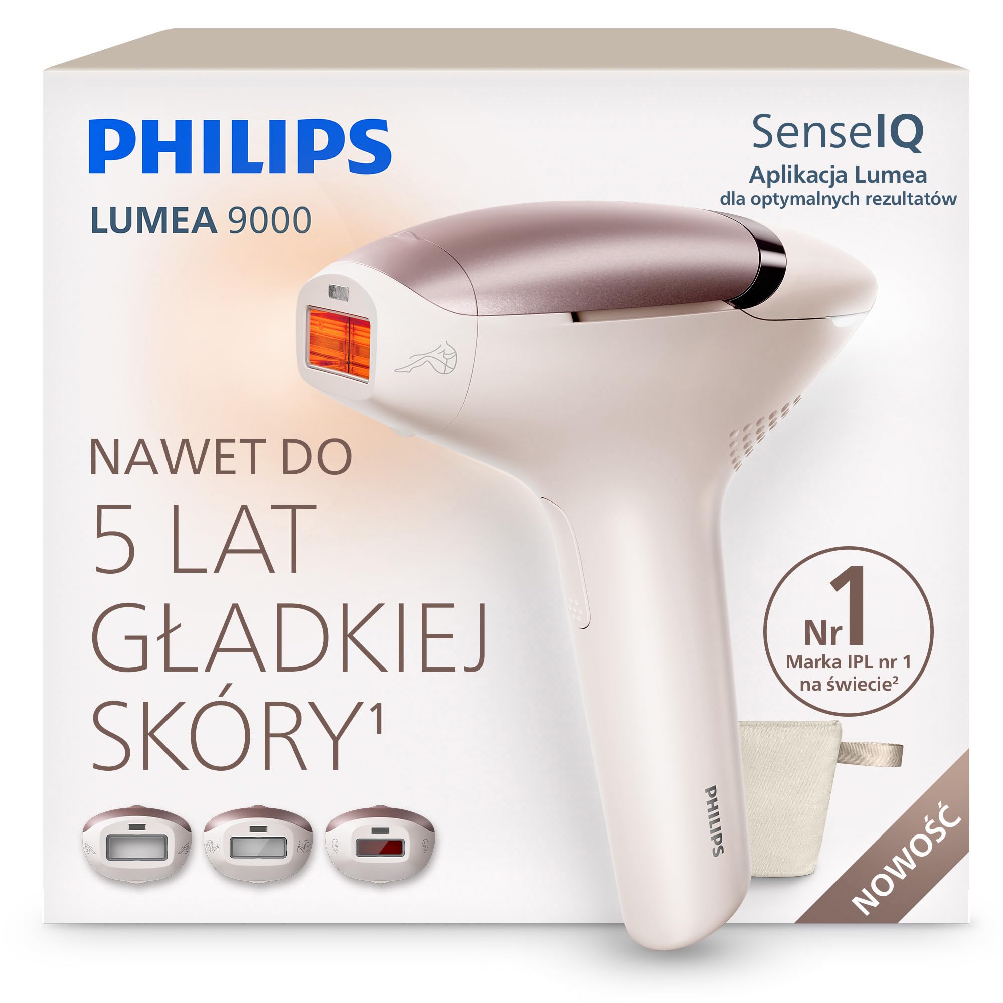 Philips Lumea 9000 IPL – urządzenie do depilacji światłem: długotrwałe efekty, łatwość domowego użytkowania, bezpieczeństwo klasy medycznej, 3 nasadki do ciała, twarzy i miejsc wrażliwych, BRI938/00