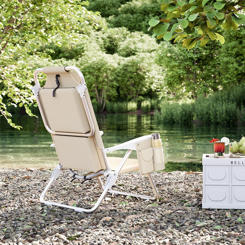 BAKAJI Sedia Pieghevole da Spiaggia in Alluminio con Tasca e Borsa Termica (Beige)