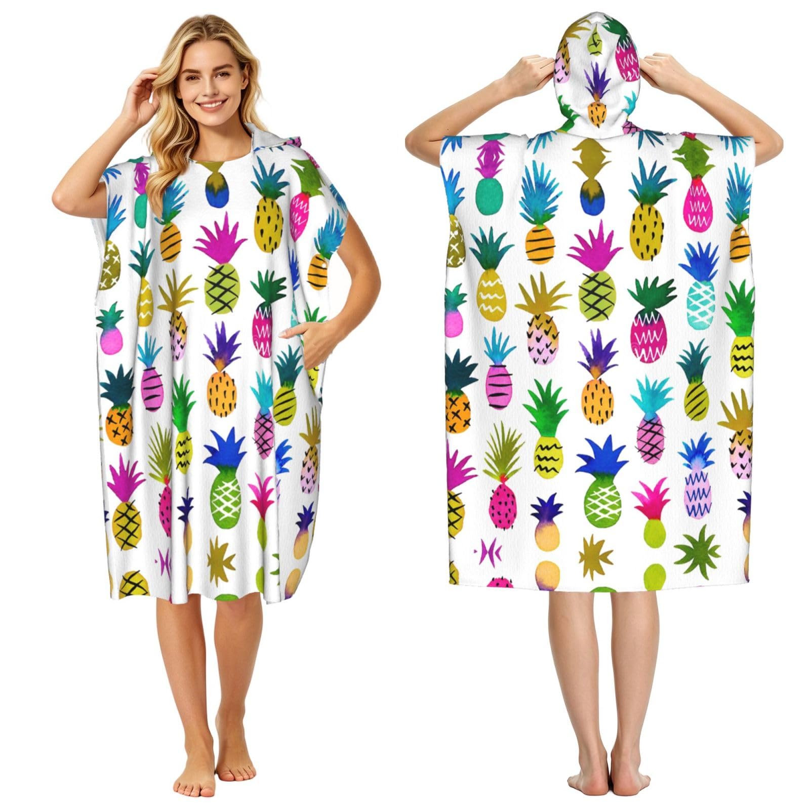 EZDLOWVBA Colorful Pineapple Print Hooded Poncho Microfiber Beach Towel,Adult Women & Men Changing Robe,Lightweight Summer Surf Swim Bath Poncho Towel