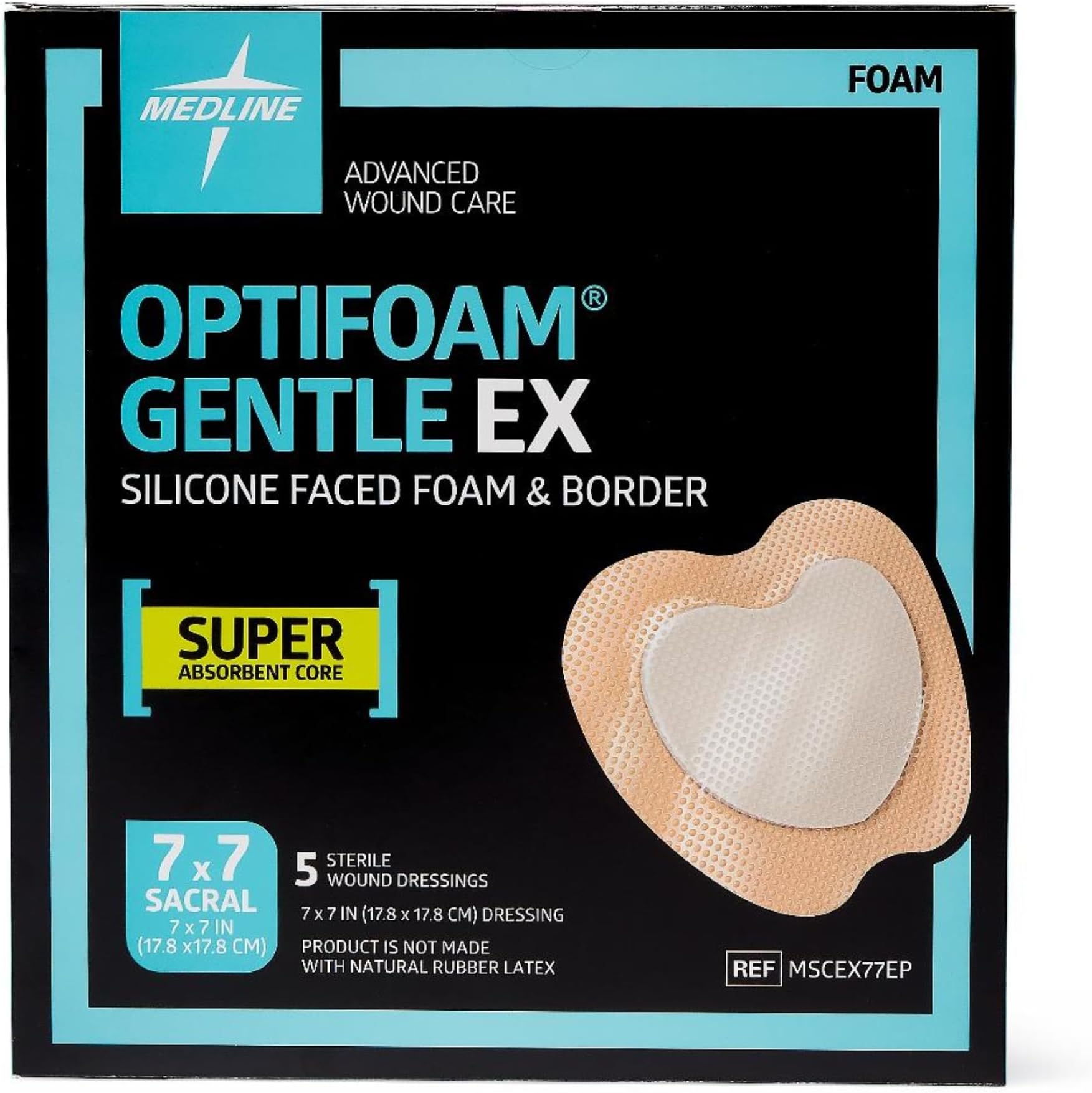 Medline Optifoam Gentle EX Bordered Foam Adhesive Dressing, 7" x 7" Sacral (5 Count)