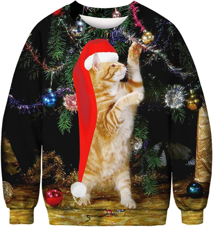 Sweat-shirt Homme INSFITY Noël Chat Imprimé 3D Col Rond Manches