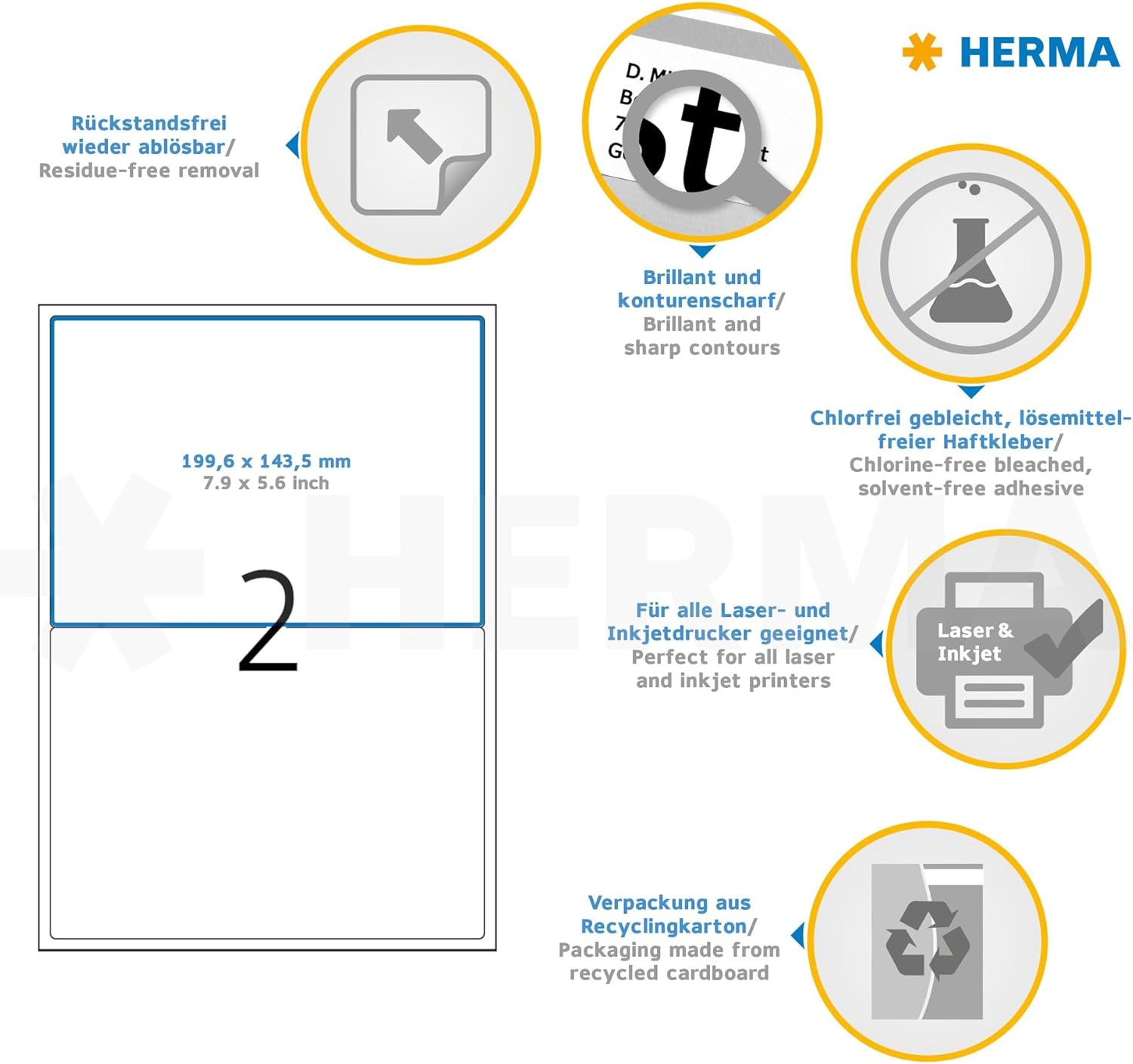 HERMA Self Adhesive Removable Multi-Purpose Labels, 2 Labels Per A4 Sheet, 200 Labels for Printers, 199.6 x 143.5 mm (10314), White