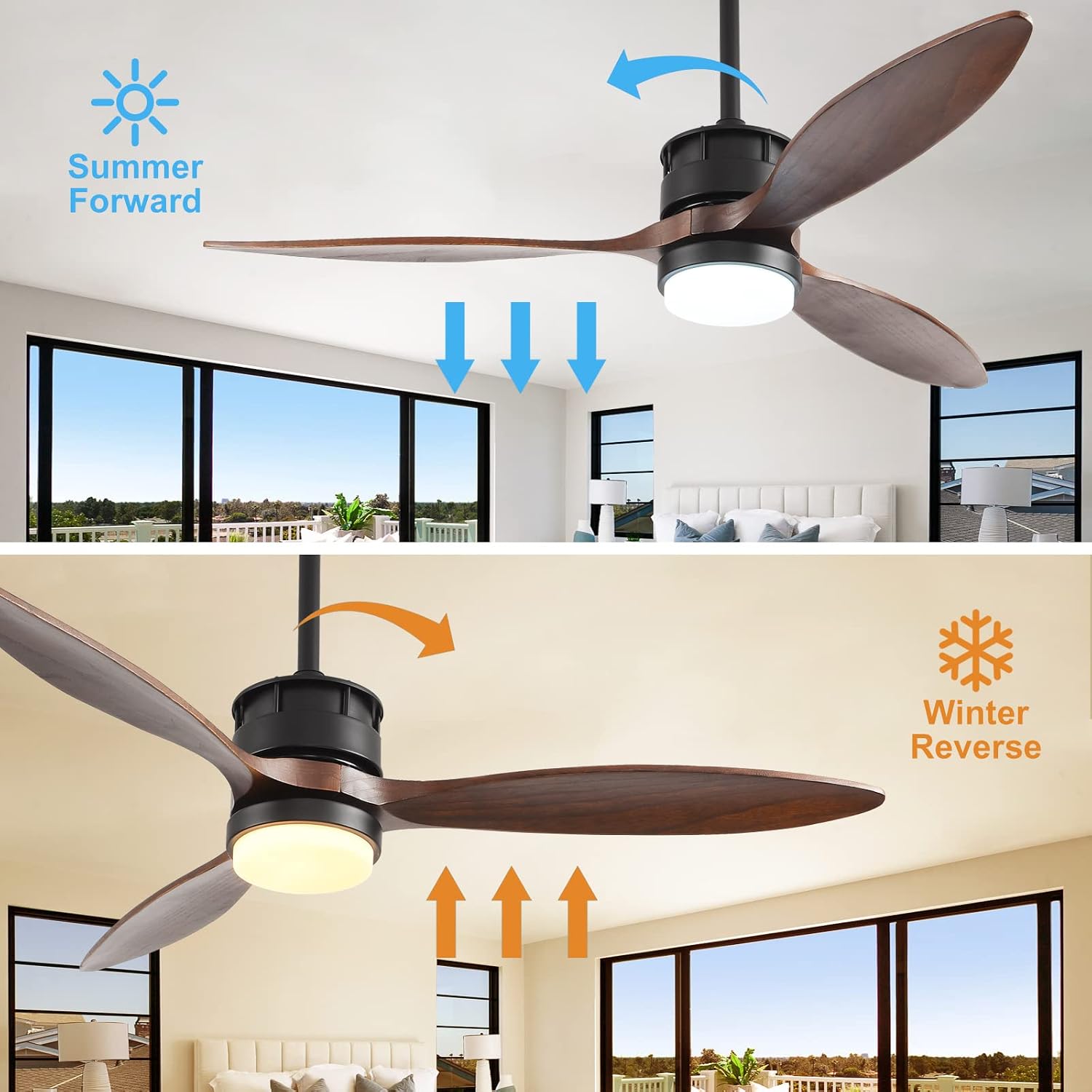 BOJUE Ceiling Fans with Lights, 52 Inch Indoor Outdoor Ceiling Fan, Wood Ceiling Fan with Remote Control, Noiseless Reversible DC Motor Fan Light for Farmhouse/Living Room/Bedroom/Study
