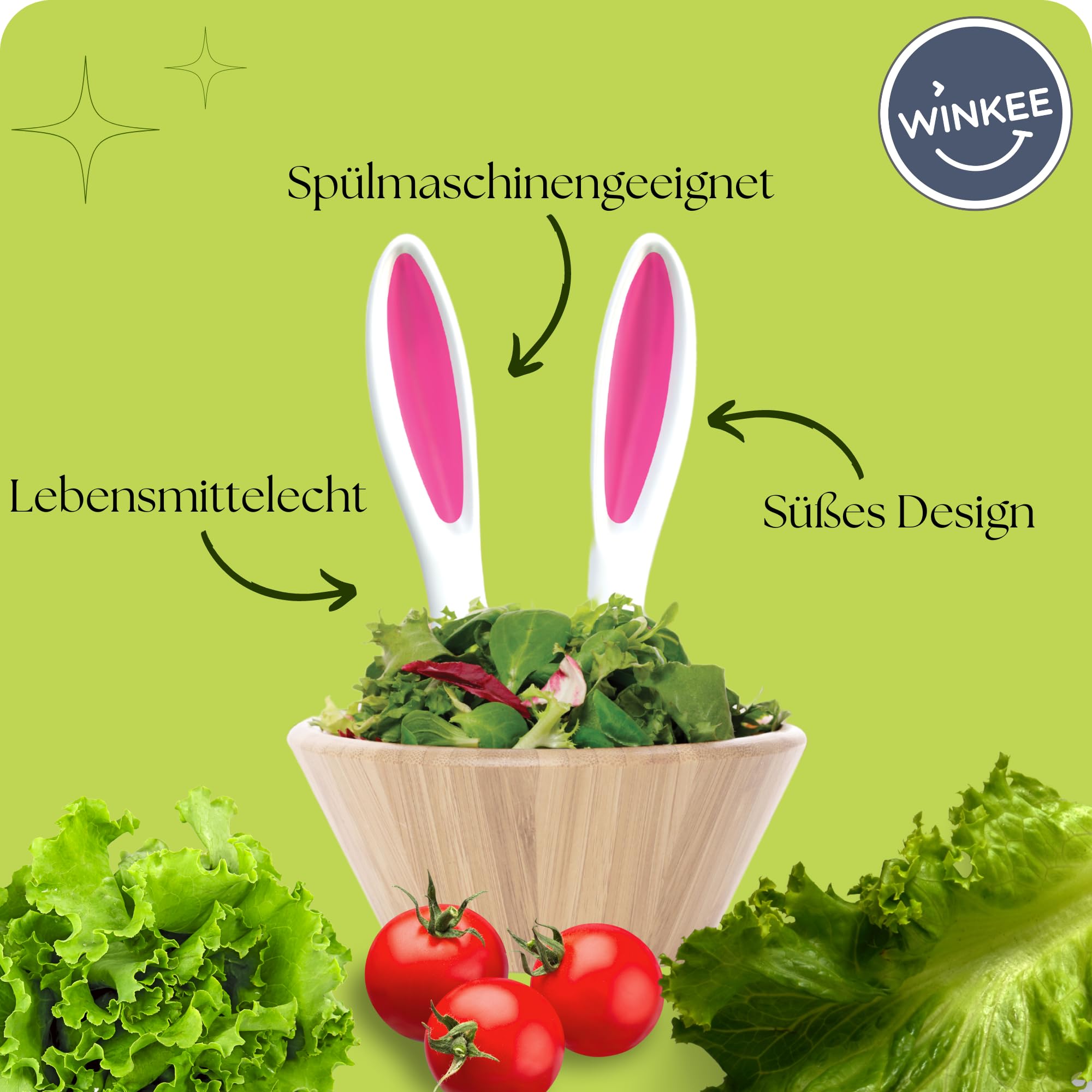 Winkee - Hasenohren Salatbesteck I Hasenohren im Salat I Total süßes Salat Besteck aus Kunststoff I Servierbesteck für Salat