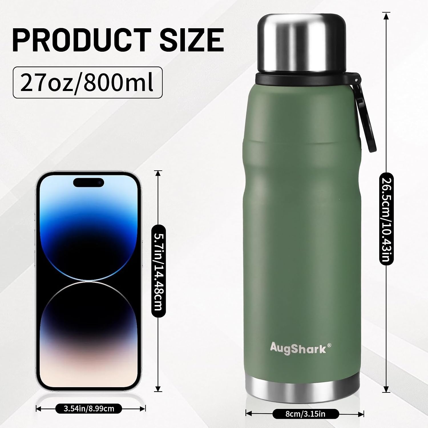 27oz Stainless Steel Insulated Water Bottle Travel Coffee Cup with Lid Leak Proof Metal Water Bottle for Hot and Cold Drink Water Flask (Green)