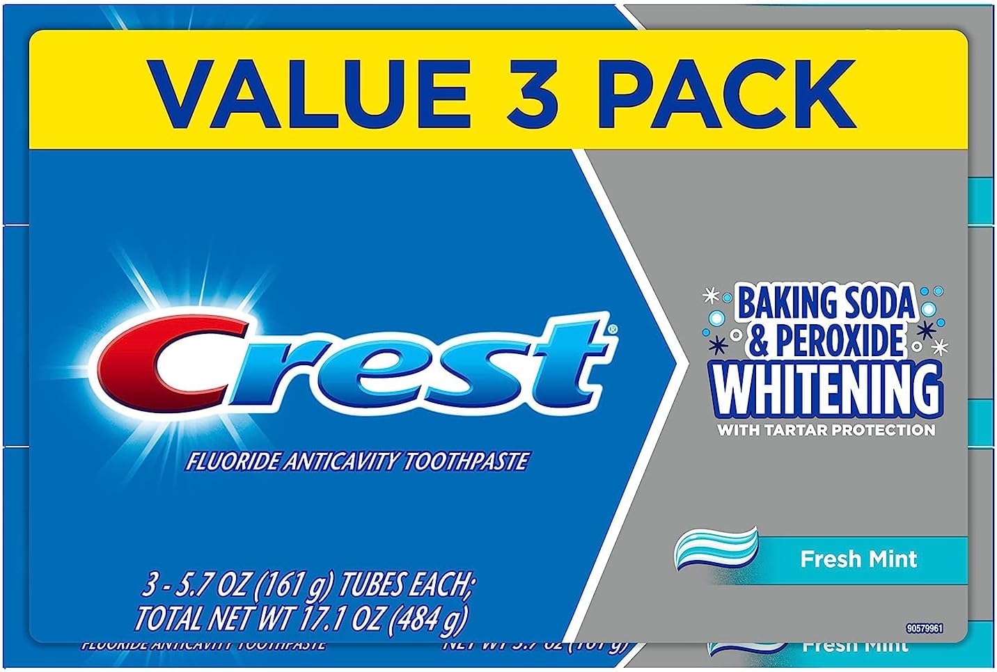 Cavity and Tartar Protection Toothpaste, Whitening Baking Soda & Peroxide, (3 Count of 5.7 oz Tubes Each) 17.1 oz