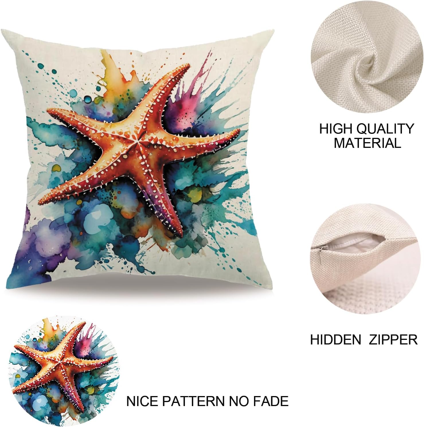 Sea Life Pillow Covers 18x18 Inch Watercolor Ocean Animals Sea Turtle,Sea Horse,Starfish Cushion Case Coastal Beach Theme Farmhouse Home Decoration 4Pack Square Pillowcase for Patio Couch Sofa (Multi) - Image 7