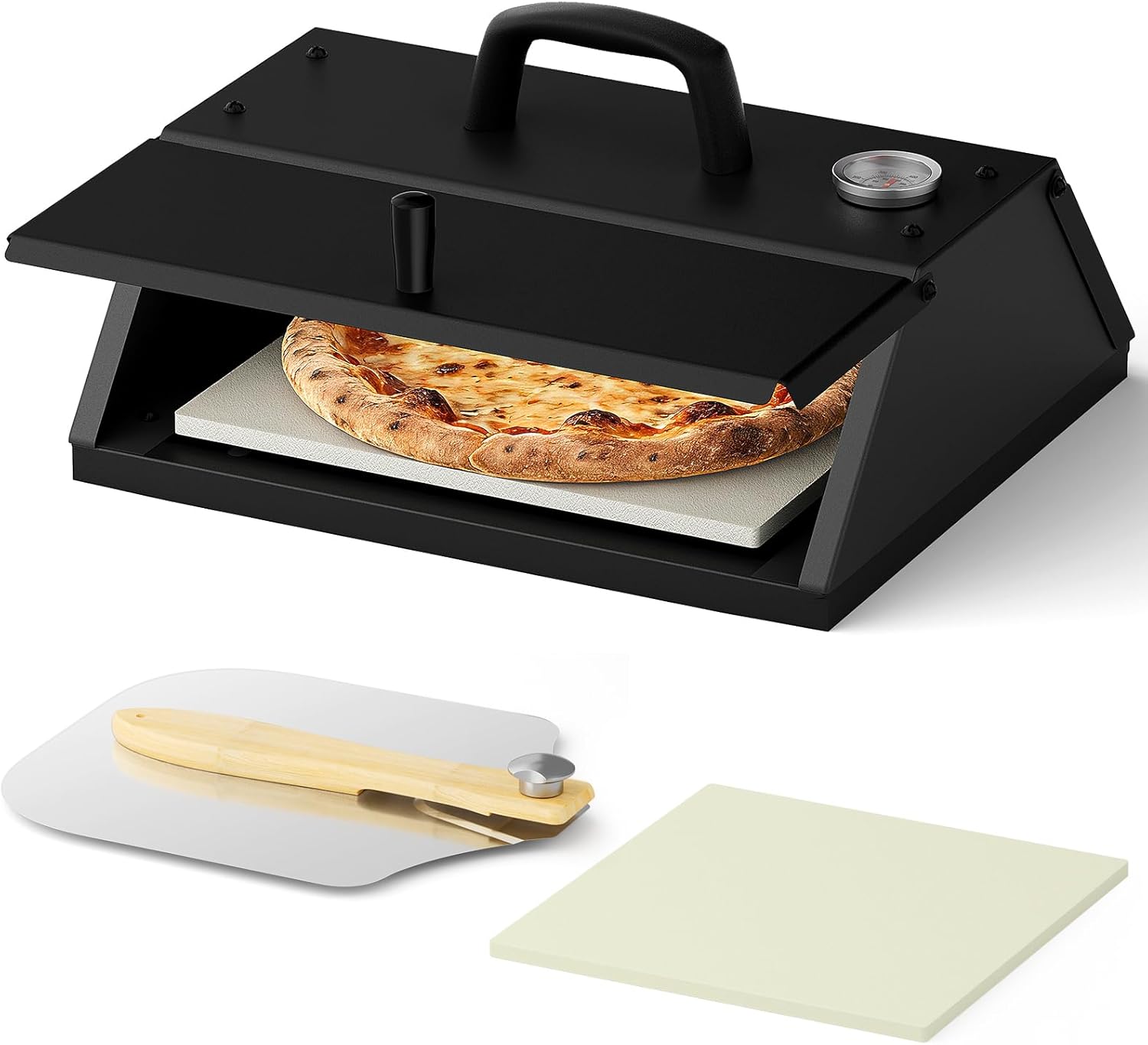 Pizza Oven for Grill, Grill Top Pizza Oven Kit with 12-inch Pizza Stone, Foldable Pizza Peel and Built-in Thermometer, Portable Outdoor Pizza Oven for Gas and Charcoal Grills