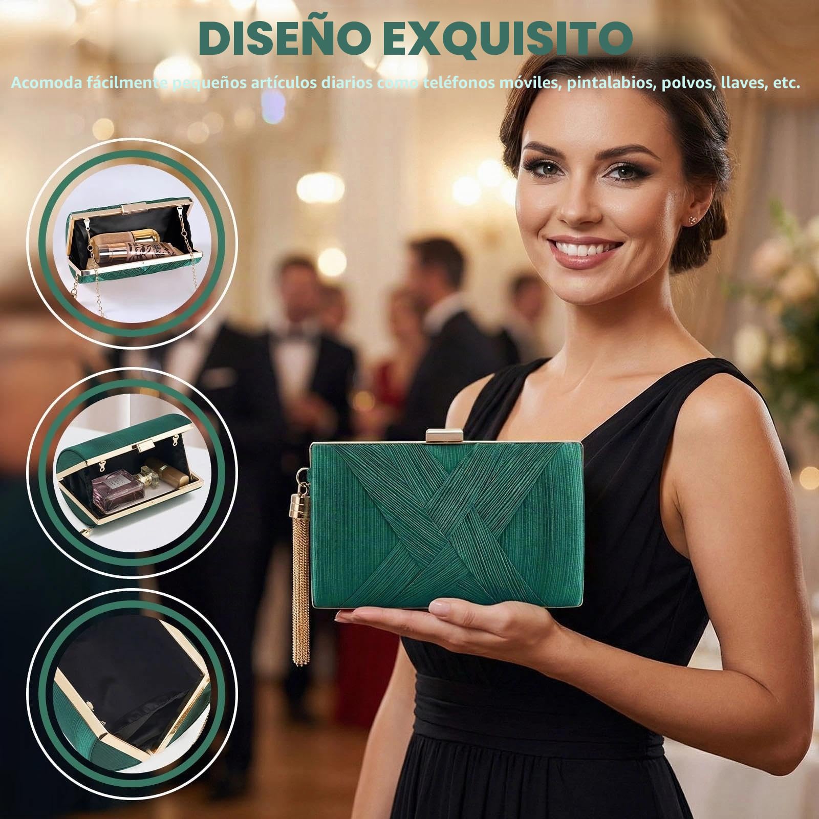 Bolso Fiesta Borla Bolso de Mano de Noche para Mujer Bolsos Fiesta Verde Satén con 2 Cadena Clutch fiesta Pequeño Bolsos de Mano para Boda Noche Cóctel Graduación Prom (17×10×7 cm)