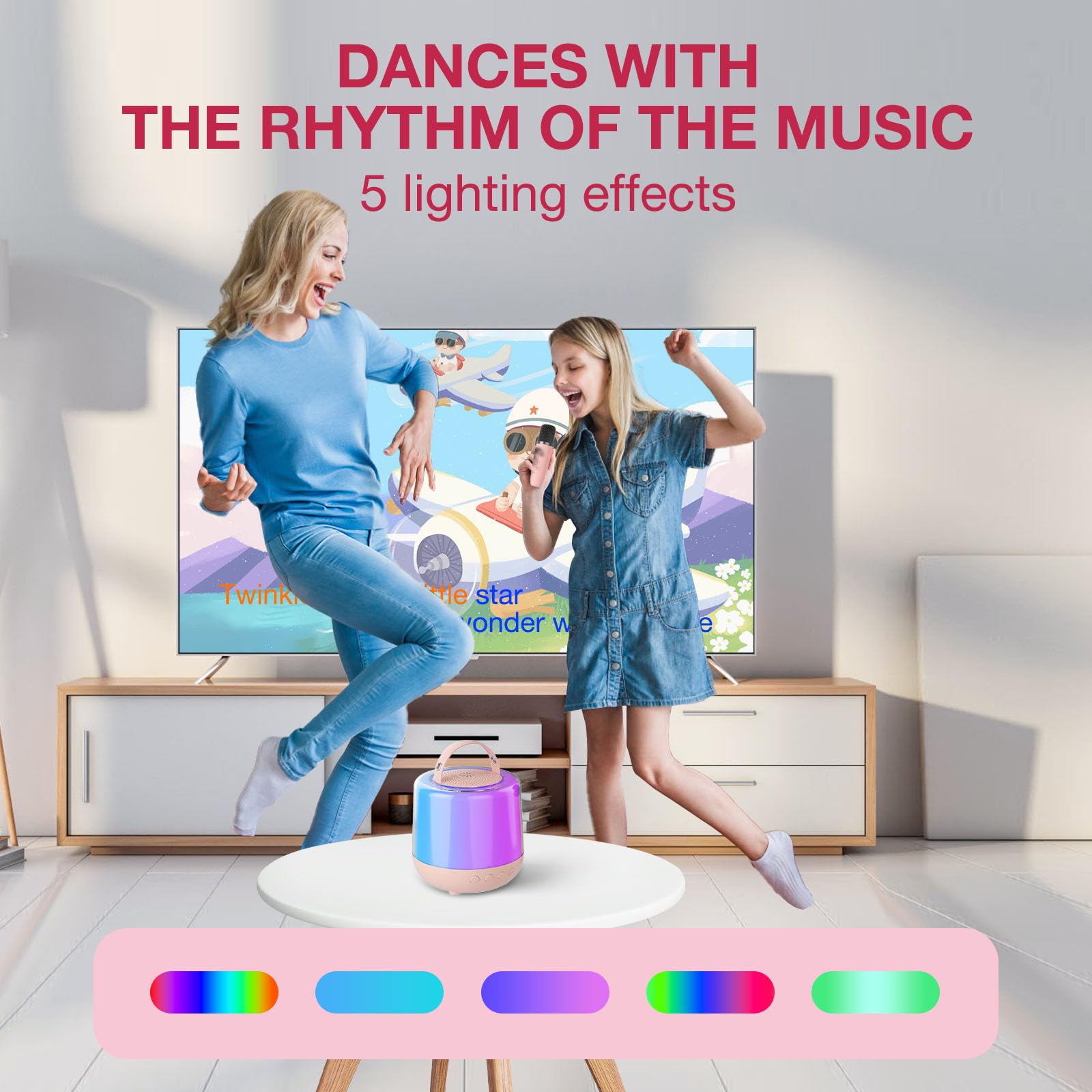 Mini máquina de karaoke para niños y adultos, altavoz Bluetooth portátil con 1 micrófonos inalámbricos y 5 luces para fiestas en casa, regalos de cumpleaños, juguetes para edades y niñas (rosa) 5