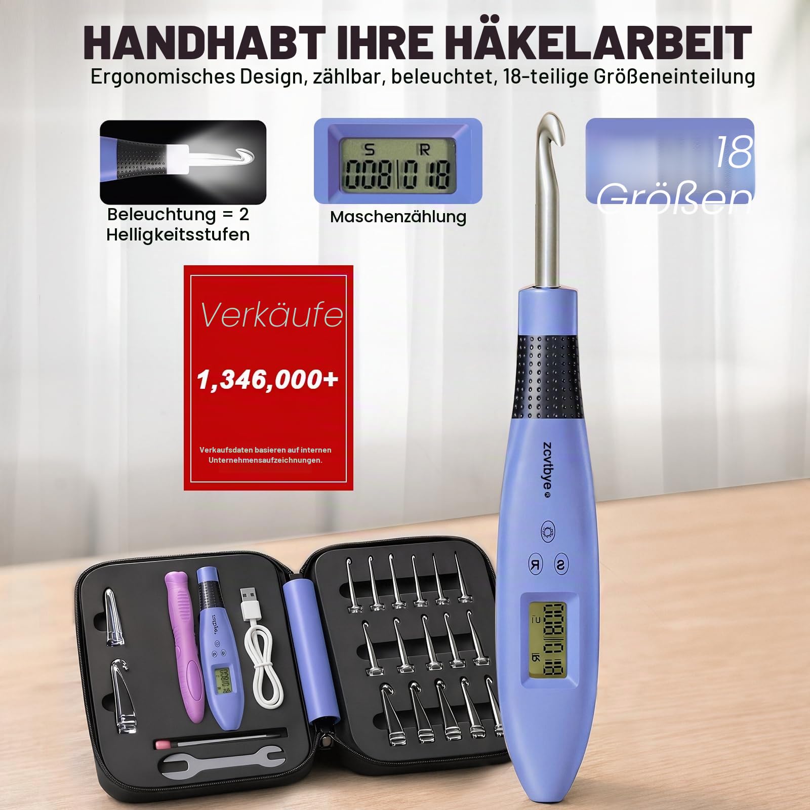 BZVV Zählen Häkelnadel Set Digital, Leuchtende Häkelnadeln für Stich & Reihenzähler, Häkelset mit 18 verschiedenen Größen Austauschbare Häkelnadel, Ergonomische Häkelnadeln mit 2 Stufen LED