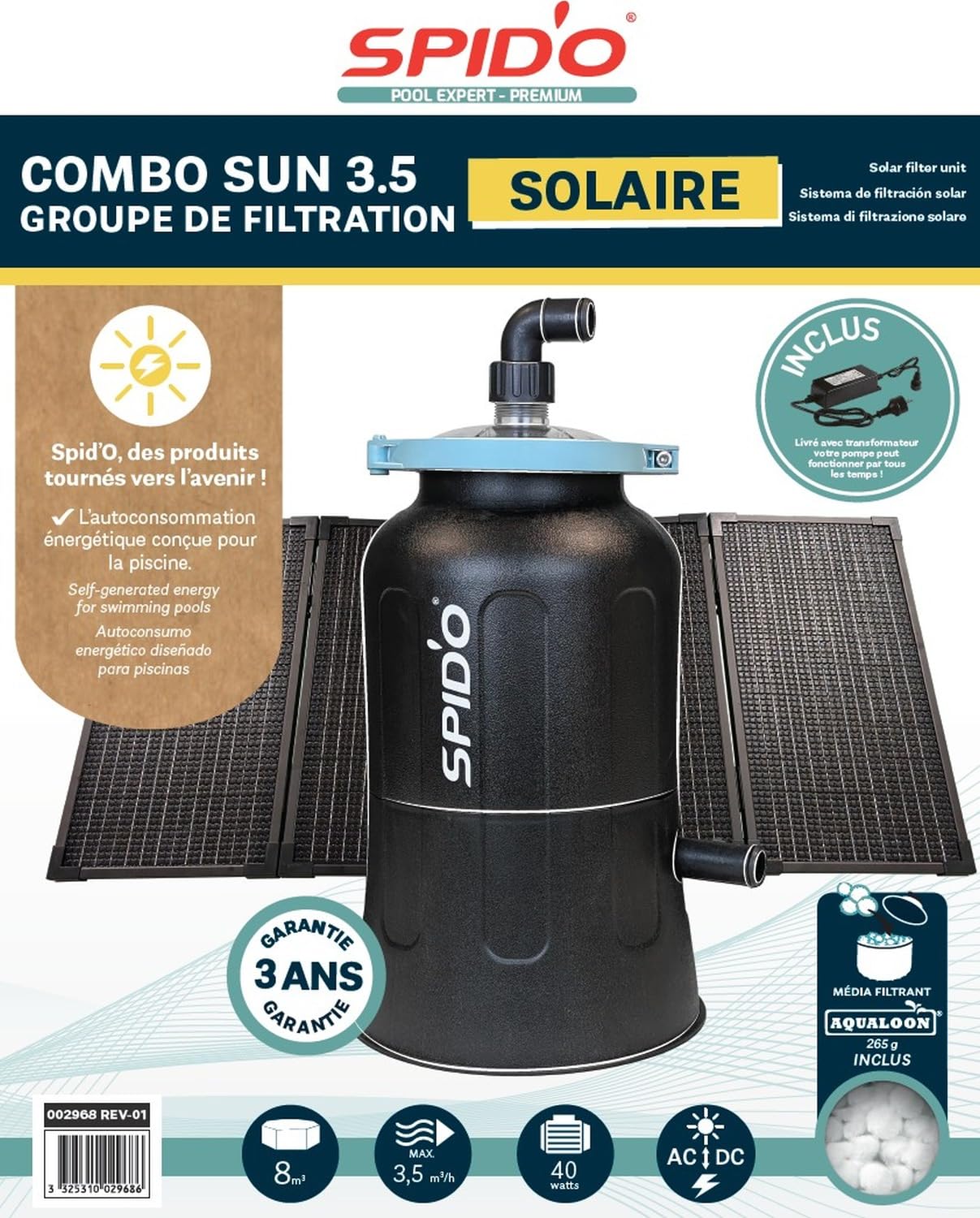 SPID’O Combo Sun 3.5 Filtration Piscine Solaire Hybride 3,5 m³/h Consommation Réduite x8 Panneaux Inclus