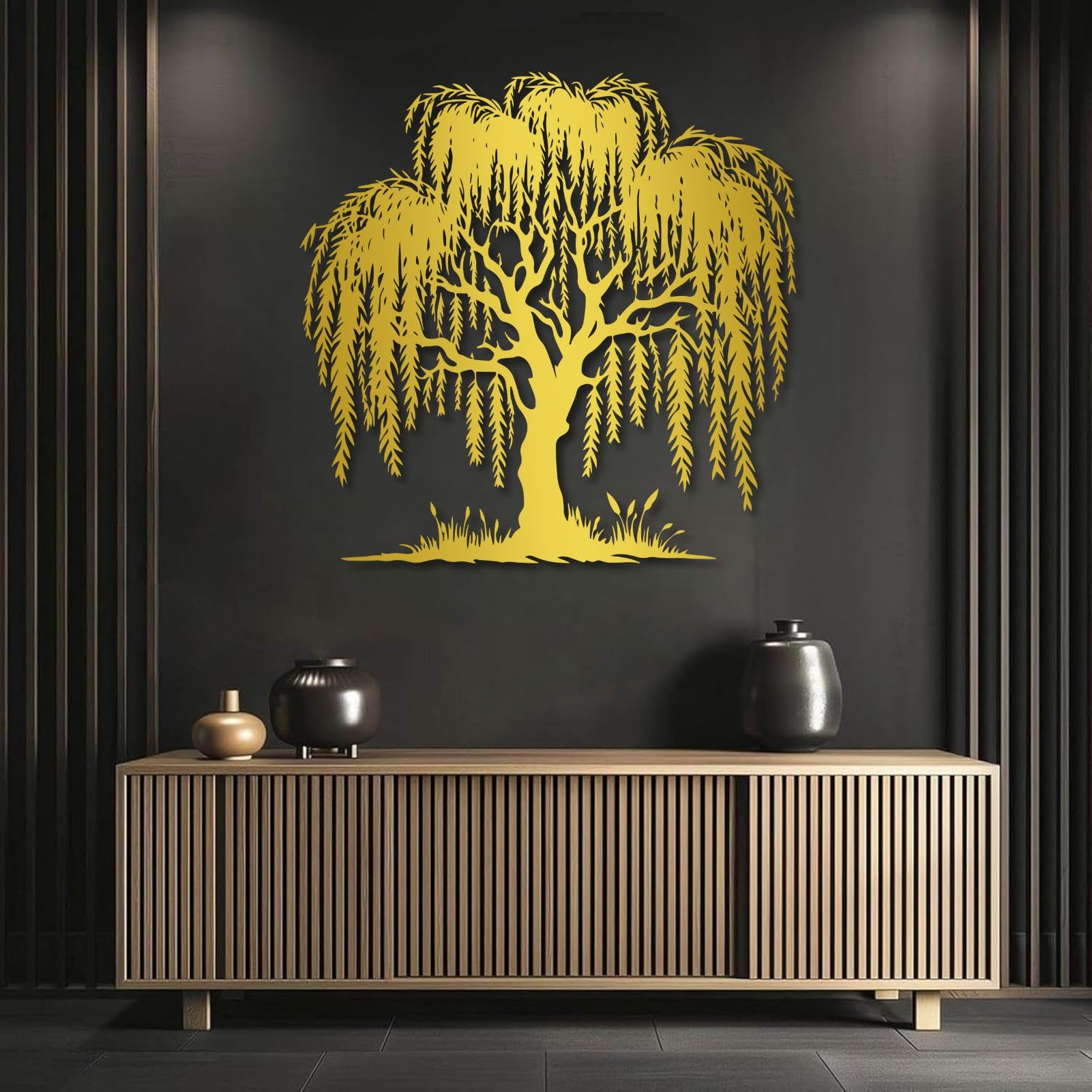 Metalowa sztuka ścienna dekoracja ścienna wierzba, dekoracja wierzby, drzewo do salonu, sypialni, łazienki, biura (złoto, 120 x 120 cm wys., 120 x 120 cm)