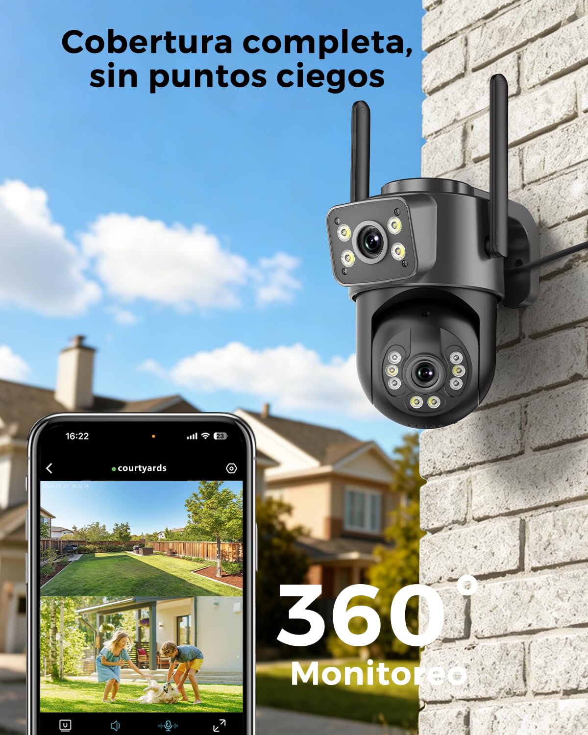 Reobiux 2K Camara Vigilancia WiFi Exterior, Cámara IP Vigilancia Domicilio con Doble Lente, Visión Nocturna Color, Seguimiento Automático, Audio Bidireccional, Grabación Continua 24/7, IP66