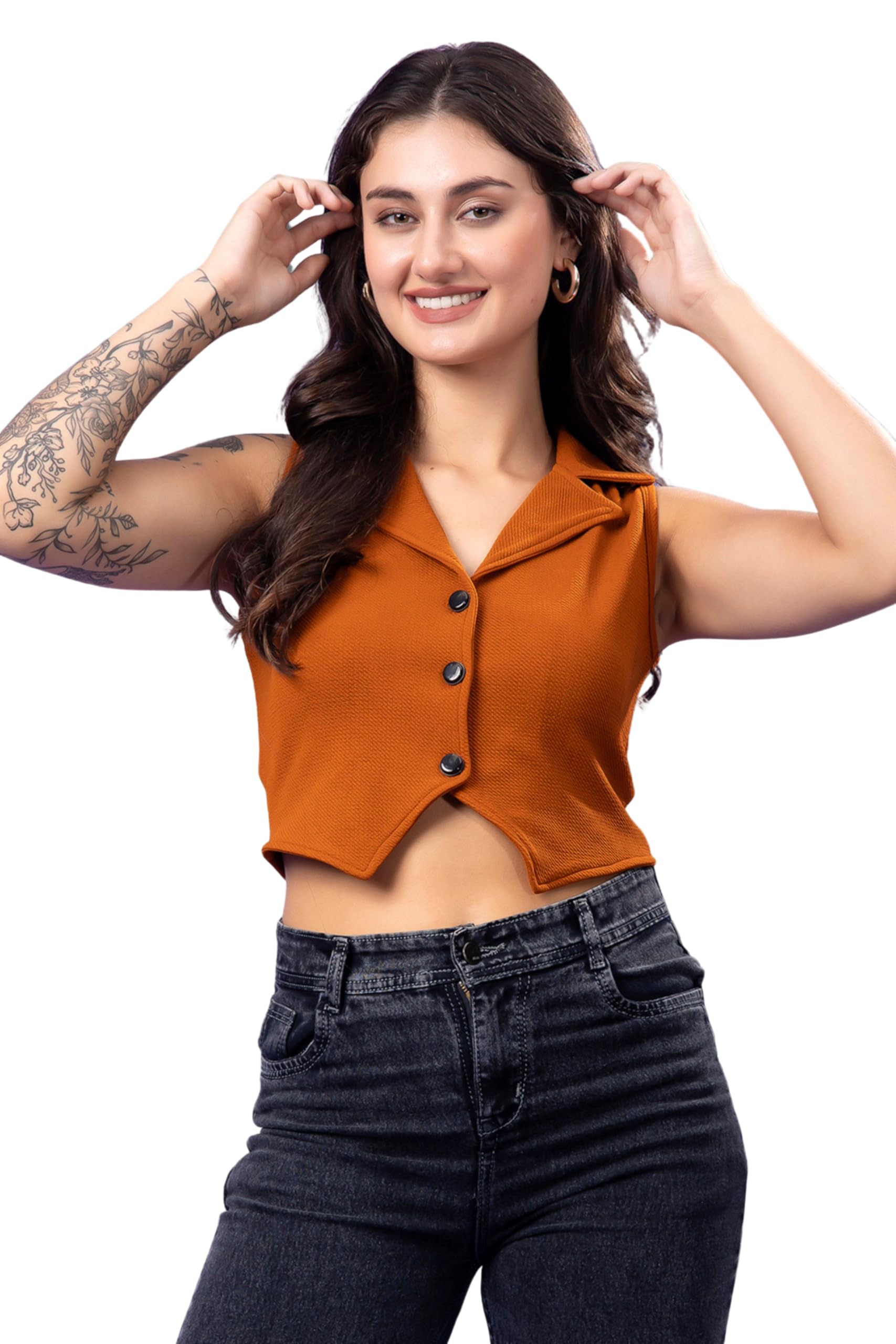 Casual Solid V-Neck Sleeveless Button Closure Waistcoat Regular Fit Crop Top for Women - Stylish Western Summer Wear