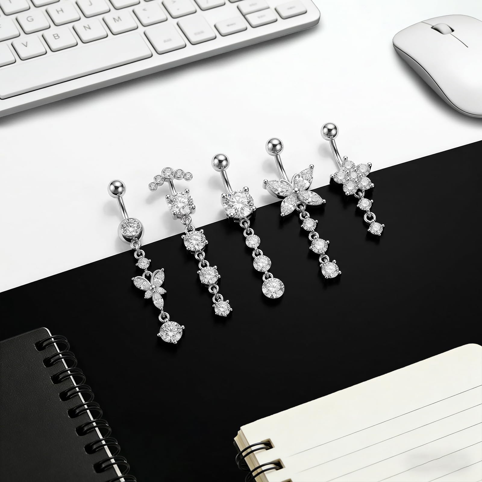 5 sztuk srebrnych kolczyków do pępka: piercing do pępka ze stali nierdzewnej 304, piercing do pępka 12 mm, długość pręcika 10 mm, kolczyk do brzucha, motyle, kwiaty, zawieszka dla kobiet i