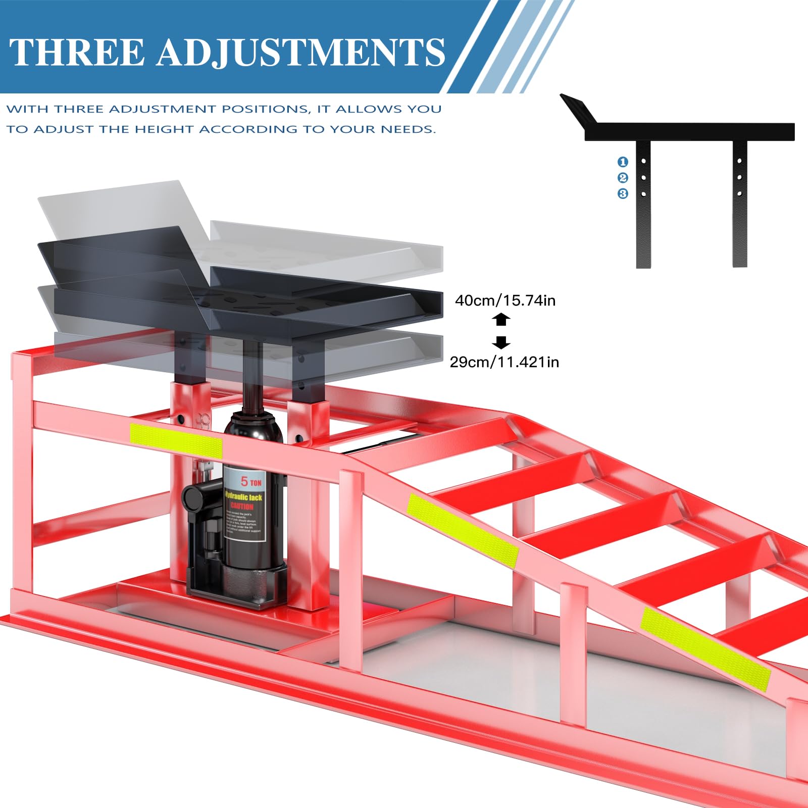 LARBANKE 2 Pezzi Rampe di Carico Idrauliche da 5 Ton, Rampe per Auto con Strisce Riflettenti, altezza regolabile da 24,9 a 38,1 cm, Ponte Sollevatore per Cambio Olio e Garage