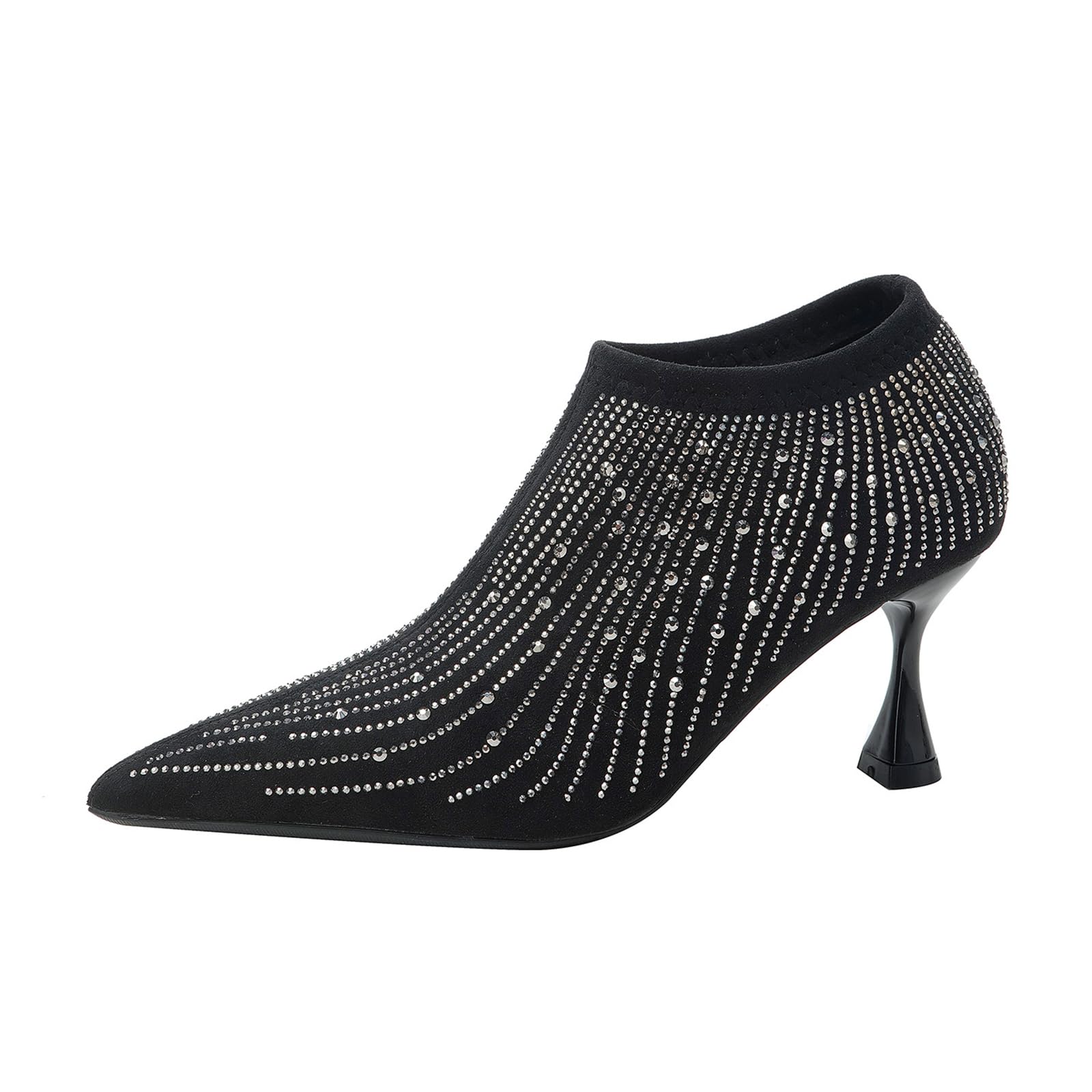 Womens Bling Rhinestone Kitten Heels Ankle Boots Sexy Pointed Toe Slip-On Anti-Slip High Heel Party Dress Bootie Elegant