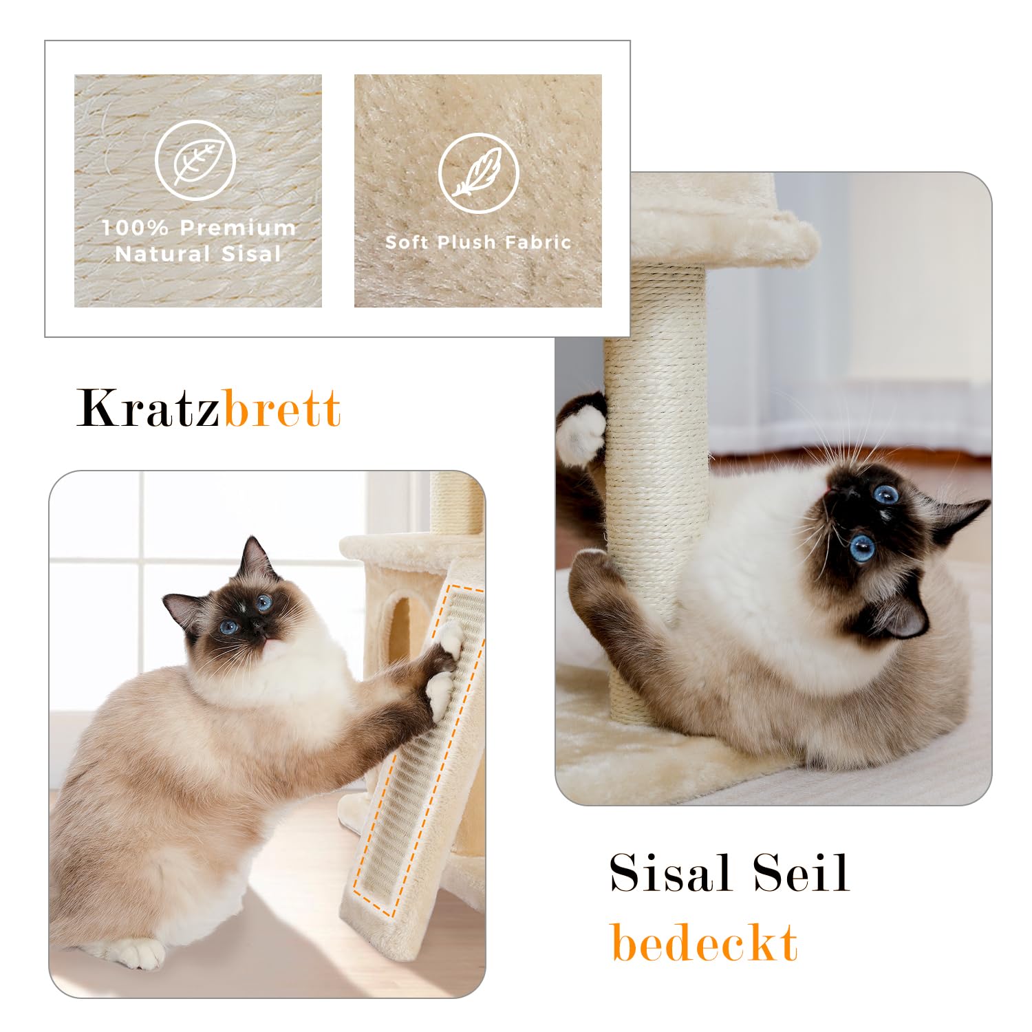PETEPELA Katzenbaum Kratzbaum Kratzbäume Katzenmöbel mit Sisal-Seil Plüsch Liege höhlen Spielhaus Spielzeug für Katzen Beige