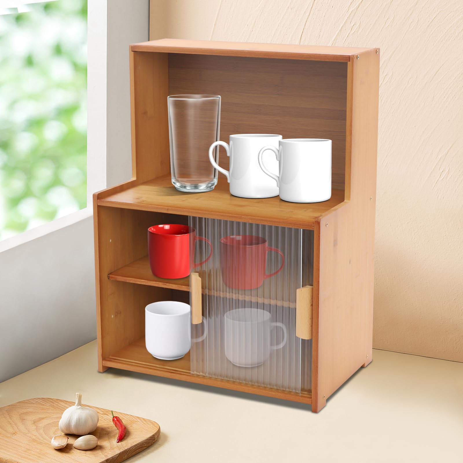 Kleines Bambus Sideboard Küche für Arbeitsplatte, Buffet Schrank Küche Küchenschrank mit Glas Schiebetüren Verstellbaren Ablagen für Gewürzgläser, Küchenutensilien, Tassen, Requisiten