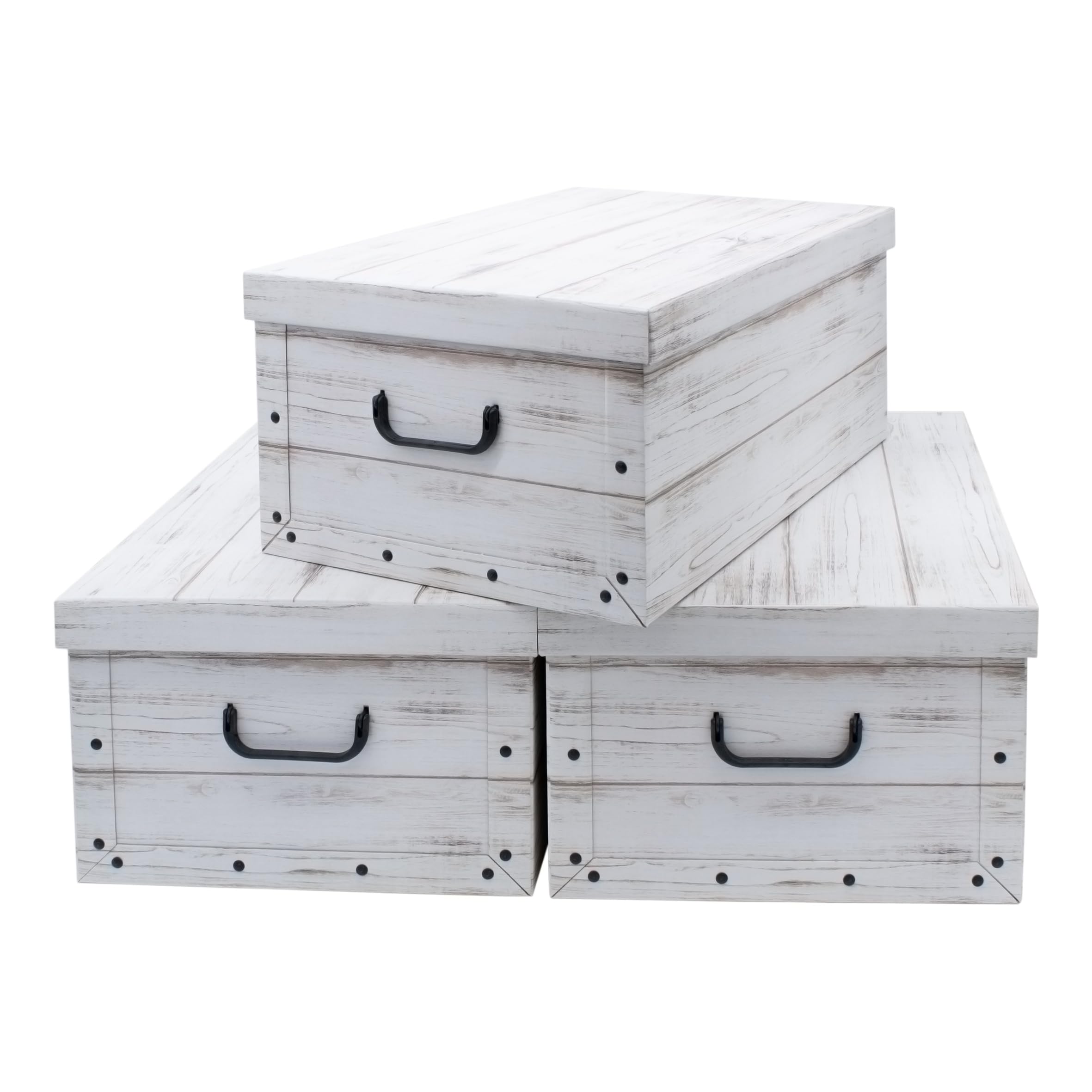 3er Set Aufbewahrungsboxen mit Deckel, 51 x 37 x 24 cm, Holzoptik Weiß, 45 L pro Box