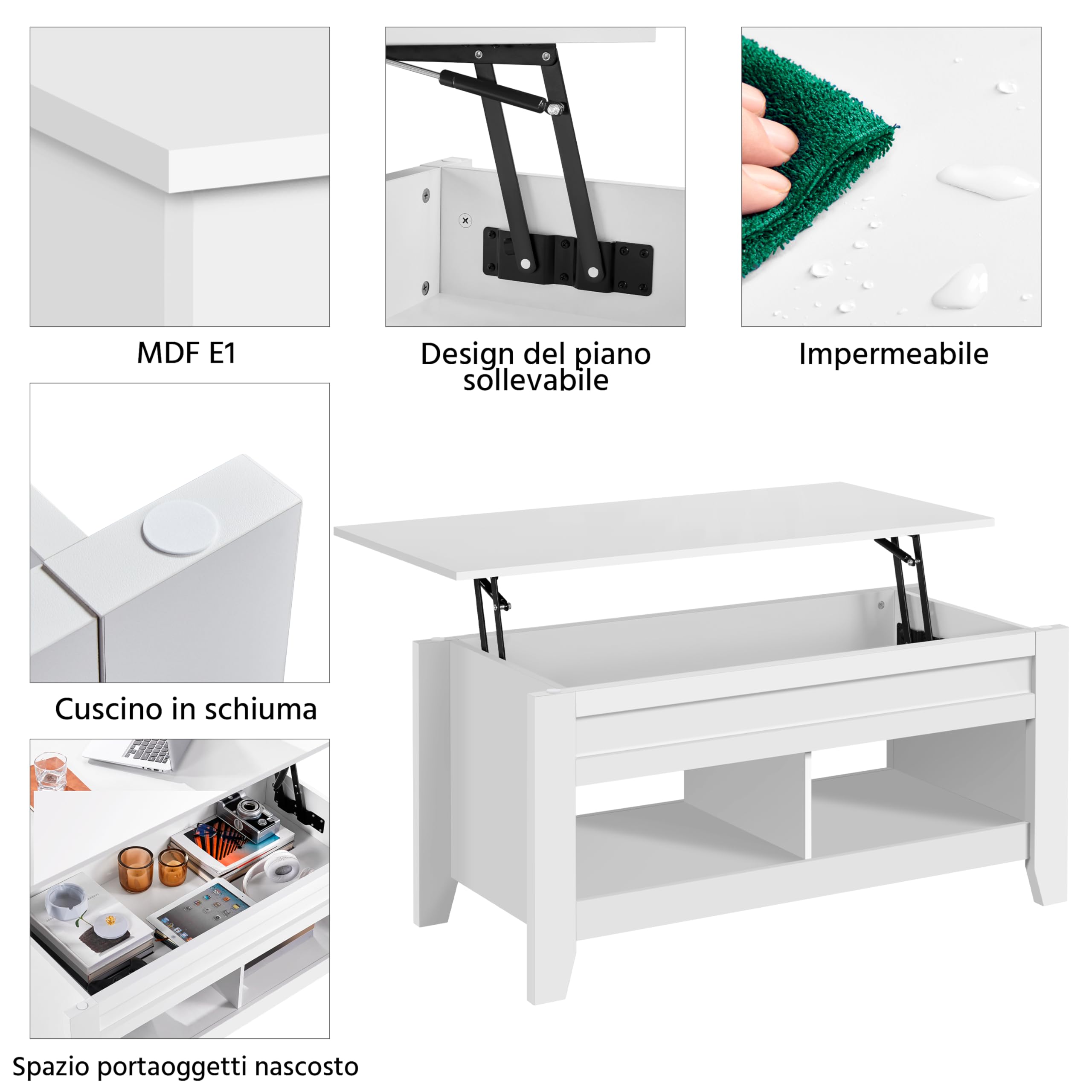 Yaheetech Tavolino da Caffè Sollevabile Tavolo Basso da Soggiorno Tavolino con Ripiano Elevabile da Salotto 104,5 x 49,5 x 49-62 cm Tavolino da Divano Portaoggetti Spazioso Bianco