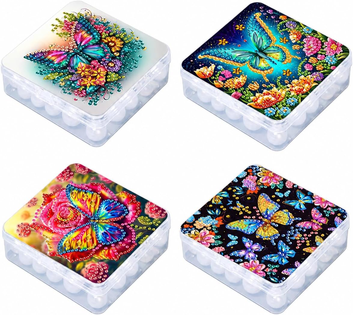 DotHenge 4 Pack DIY Diamond Painting Storage Case, Square Clear Craft Organizer Boxes with Colorful Butterfly Art, Portable Jewelry & Small Parts Container for Beads, Nail Art, Office Supplies