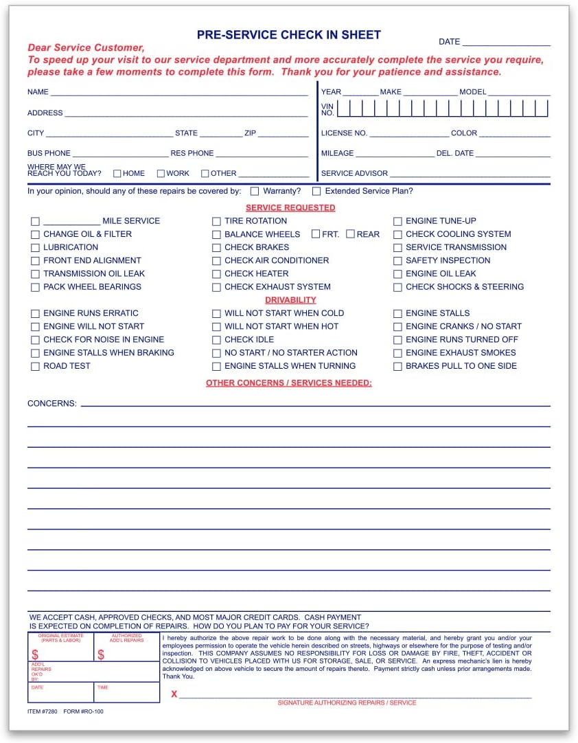 Pre-Service Check-In Form Pads RO-100-8.5" x 11" Auto Service Intake Forms, Customer Vehicle Check In Sheets, Dealership Service Advisor Forms, 1-Part Tear-Off Pads, 20# Paper - 6 Pads (300 Sheets)