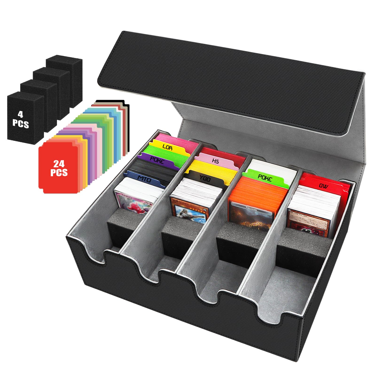Karten Box für 2800+ Karten, Sammelkarten-Aufbewahrungsboxen mit 24 Bunt Trennwänden, 4 Schaumblöcke, Premium Magnetic Deck Boxen, PU Leder Deck Case für TCG Magic The Gathering Karten (Schwarzgrau)