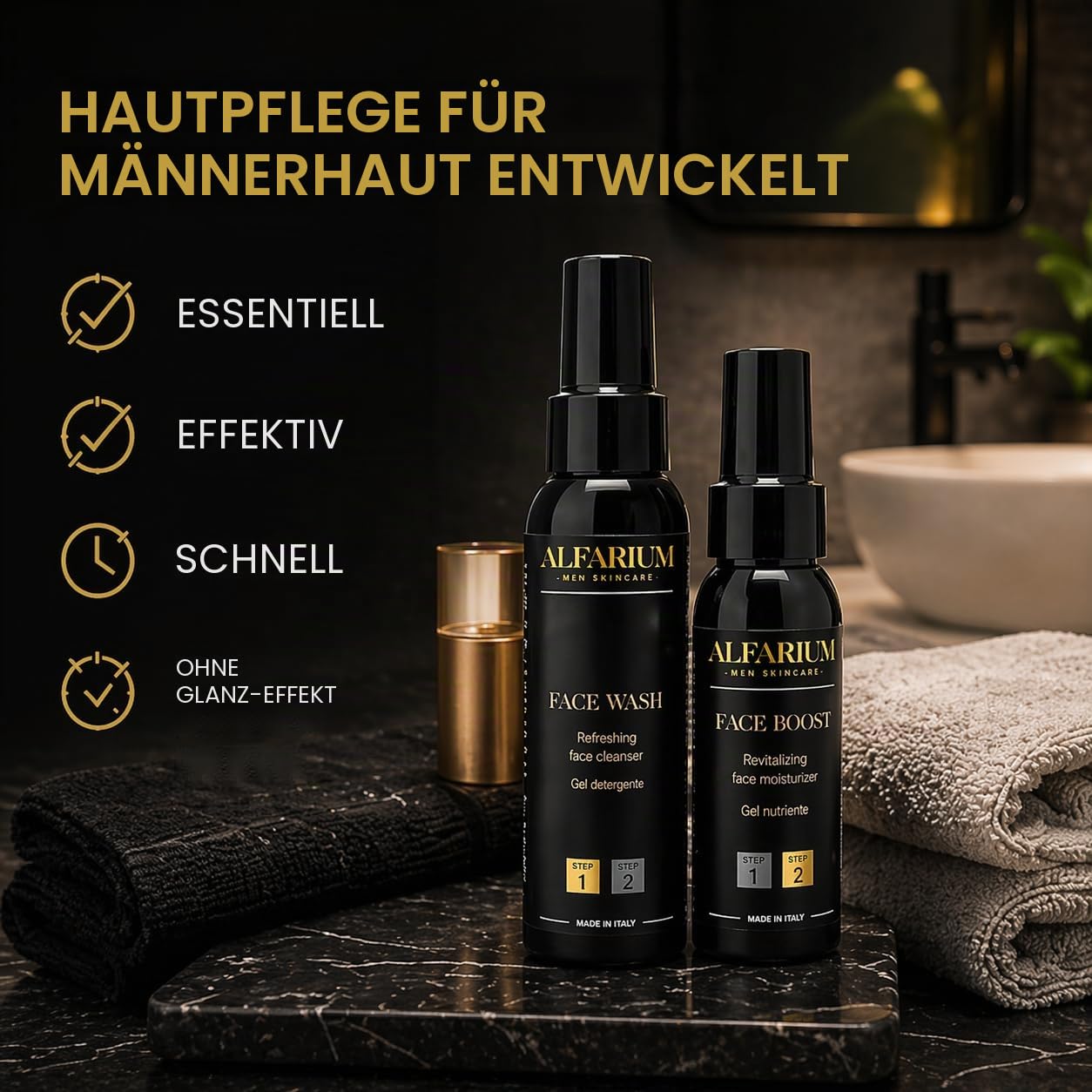 Alfarium Pflegeset für Männer - Gesichtsreiniger & Feuchtigkeitscreme für fetting & gemischt Haut mit Vitaminen A/B5/C/E, Hyaluronsäure - Gesichtsreinigung und Anti Aging Creme Männer - Made in Italy