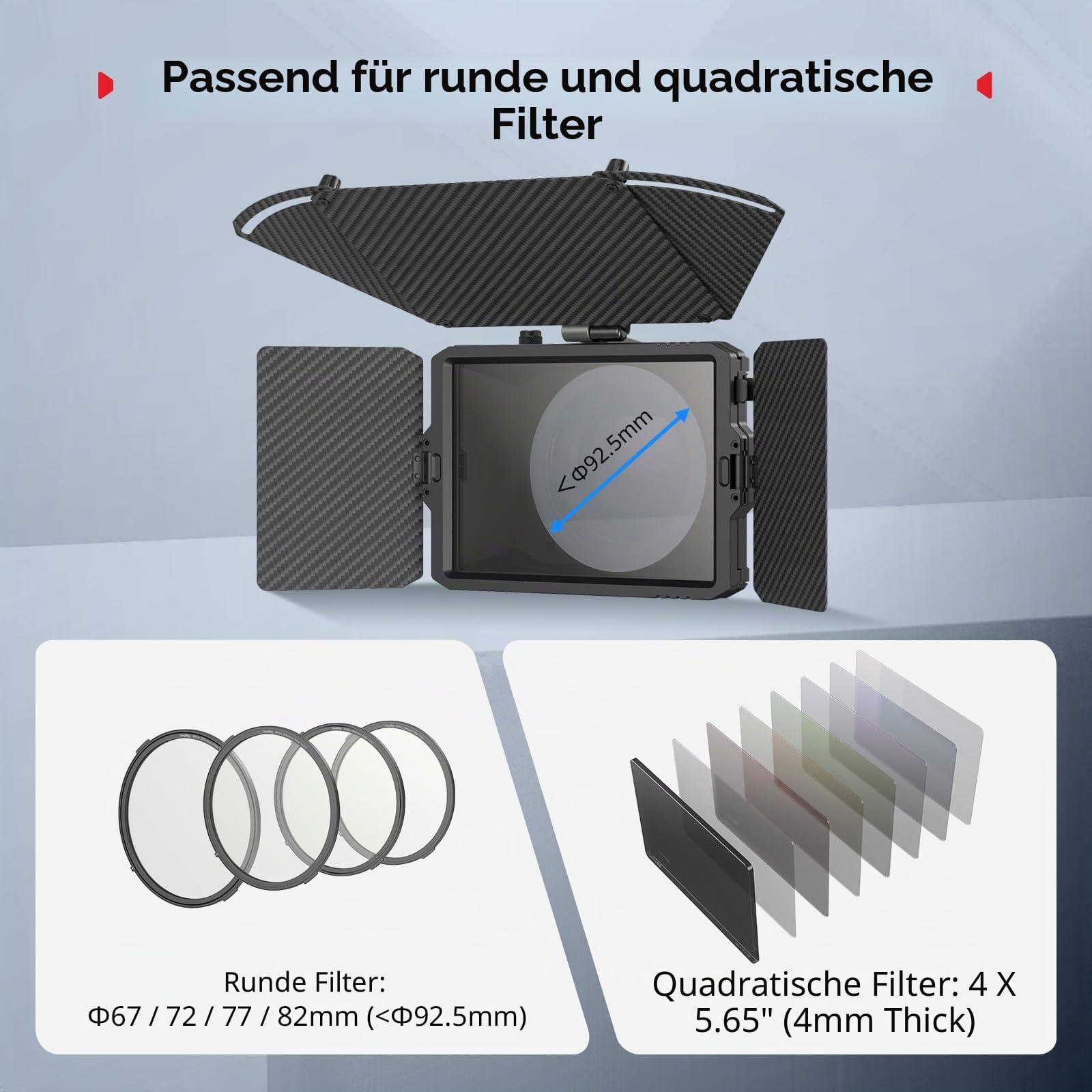 SMALLRIG Mini Matte Box Pro Flag Kit mit Zwei 4 x 5,65 Filterrahmen, Modulares Blendschutzsystem mit Φ67/72/77/82-95mm Adapterring, Leichtes Carbonfaser-Design – 3680B