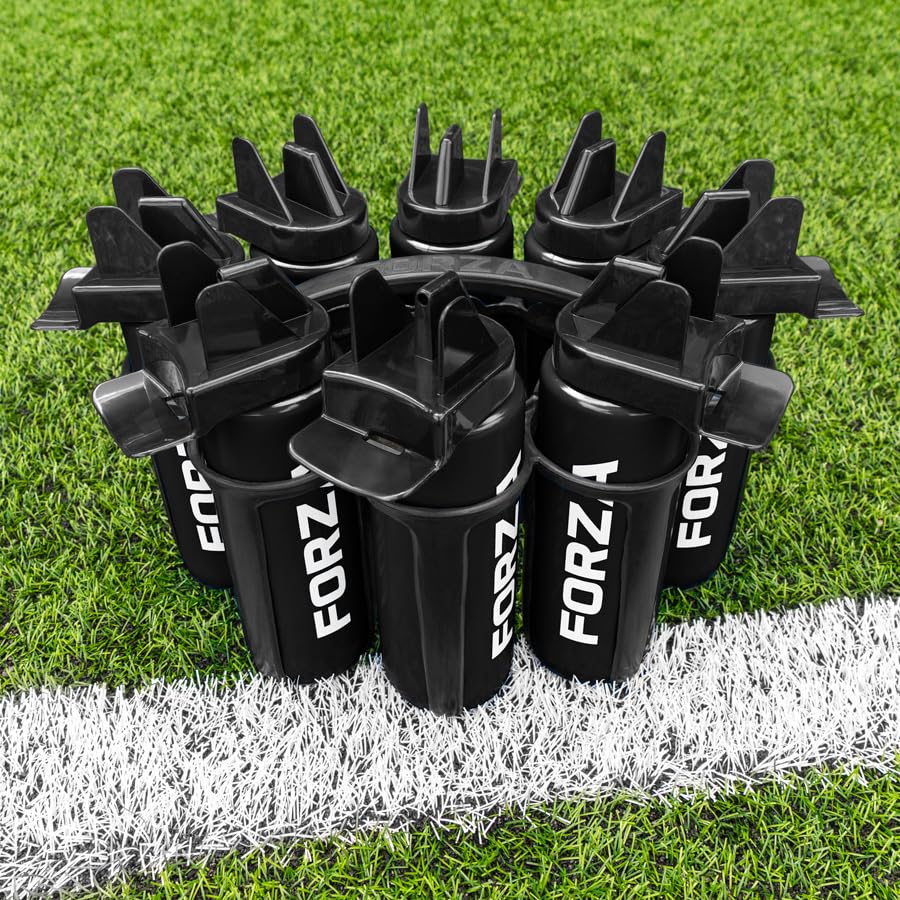 FORZA Butelki na wodę + zestaw 8 butelek, higieniczna [1 l] lub butelka sportowa, 750 ml, z uchwytem do układania w stos, do piłki nożnej, rugby, treningu, siłowni i drużyn (czarne, butelki