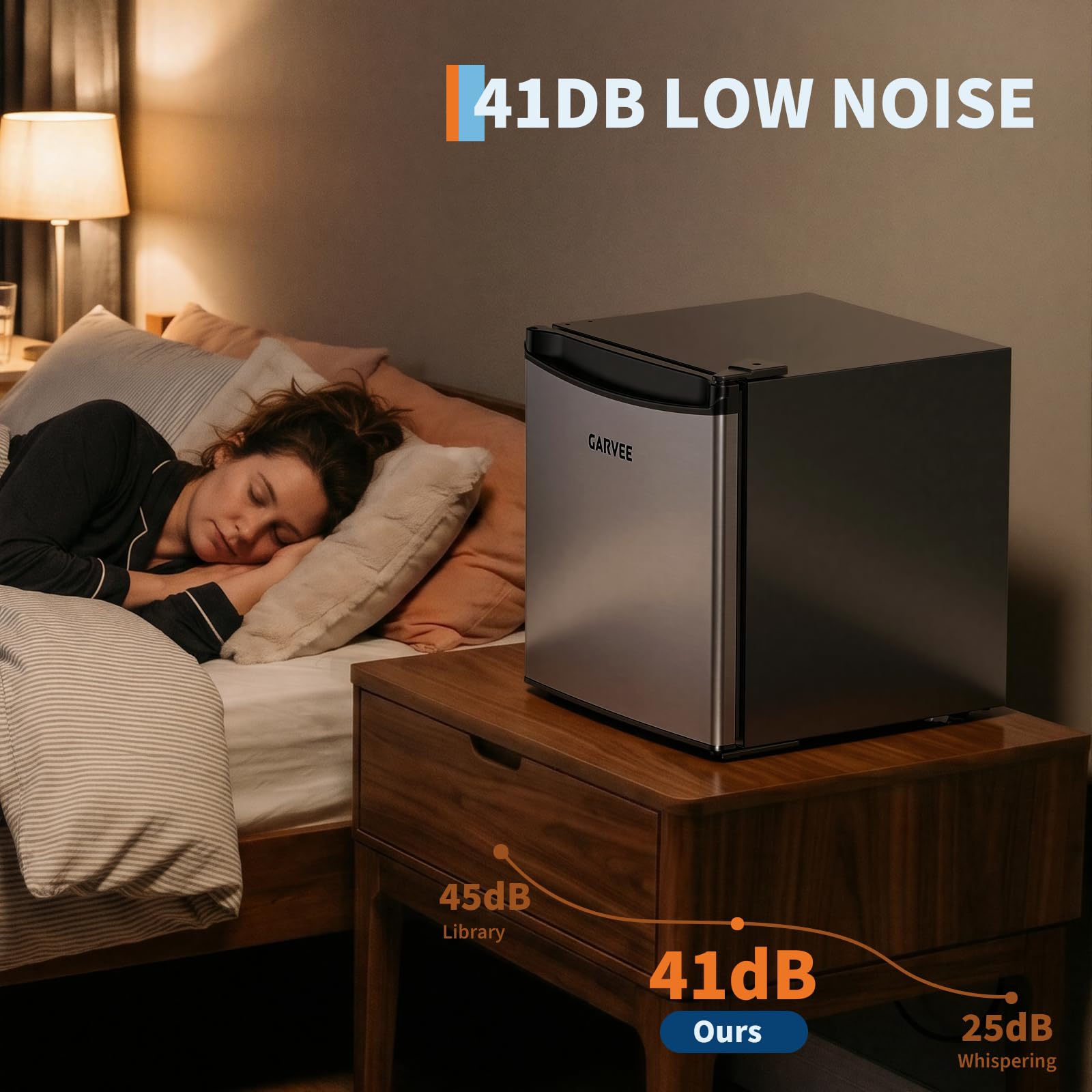 GarveeLife - Refrigerador compacto de 45 L, puerta inox, refrigeración rápida, 5 niveles de temperatura (0-18 ℃), funcionamiento silencioso 41 dB, cajón para verduras, patas ajustables, ideal para
