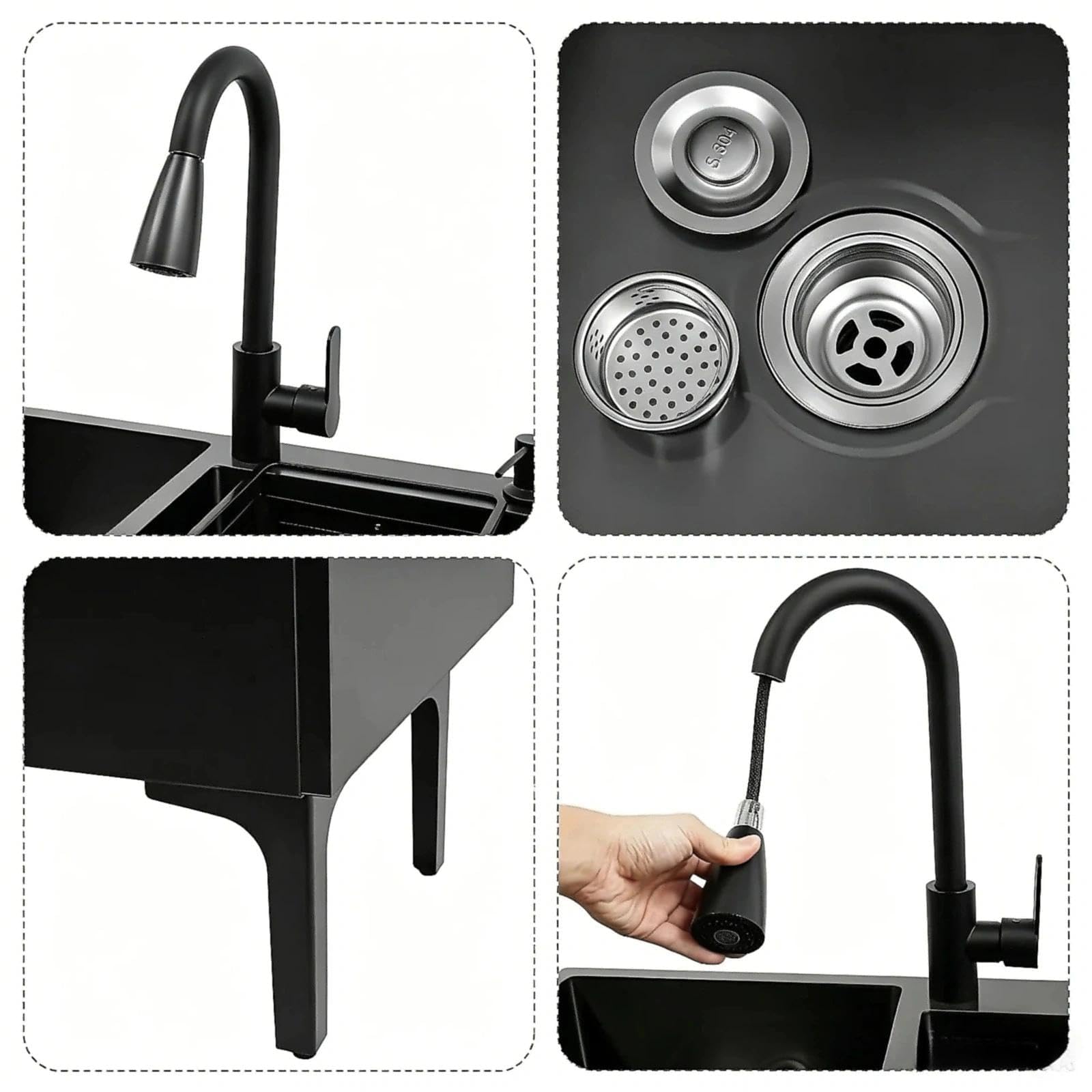 Freistehende Edelstahl KüChenspüLe mit Unterschrank Ausziehbarem Wasserhahn Gewerbliche Doppelbecken SpüLenschrank für KüChe WäSche Badezimmer Komplettes Set(black,75x41x85cm)