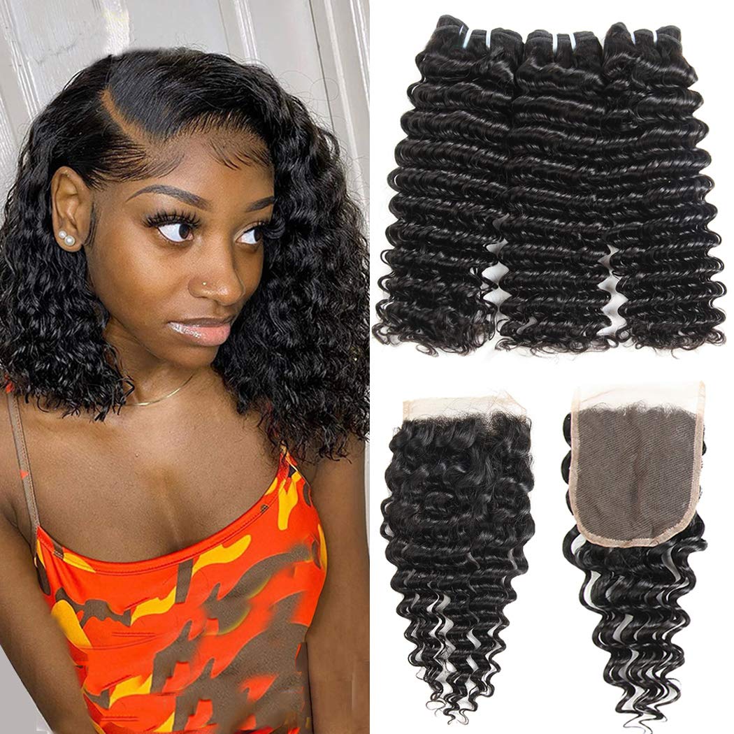 12A Human Hair Bundles with Closure Deep Wave Bundles 10 12 14+10 Inch 4x4 HD Lace Closure Water Wave Wet and Wavy 100% Brazilian Virgin Deep Curly 3 Bundles Human Hair Bundle for Women 70g/bundle