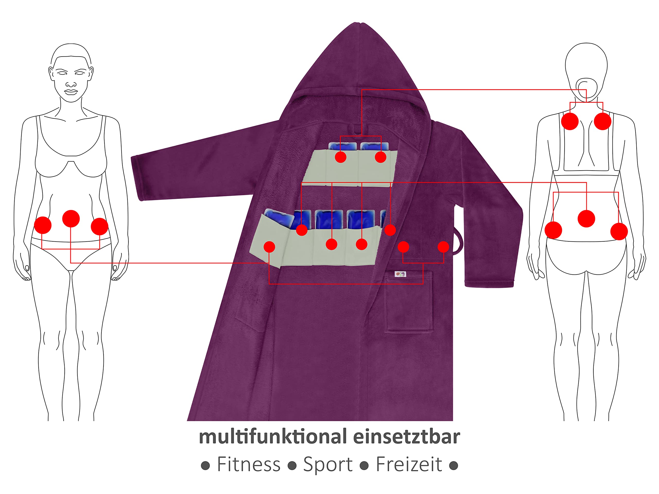 Kuschelfleece Therapie Bademantel mit Kapuze und Innentaschen 1582.2293, S, beere