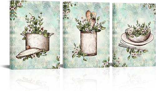 sechars Arte de pared vintage para cocina, lienzo de granja, utensilios de cocina, impresiones de pintura retro con imágenes de flores, decoración