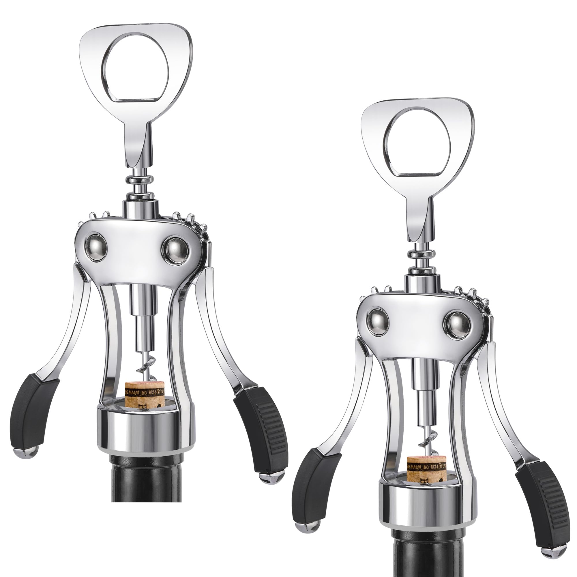 KORCCI Wine Opener 2 Pcs, Wine Bottle Opener, Zinc Alloy Wing Corkscrew Heavy Duty, Cork Screw Beer Opener for Bartenders, Multifunctional Bottle Opener for Kitchen, Restaurant, Bar, Waiters （Silver）