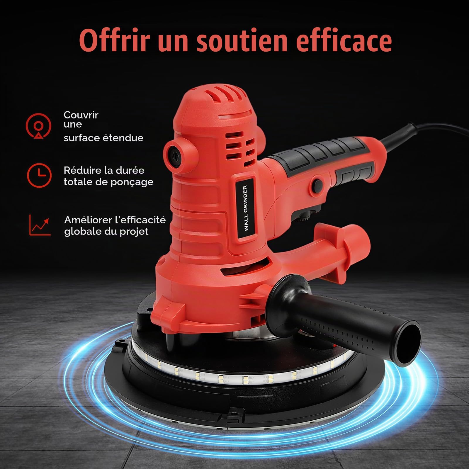 Ponceuse de construction sèche, ponceuse murale et plafond 1200 W avec éclairage LED, ponceuse murale pour murs en plâtre, murs en mastic, murs en ciment blanc