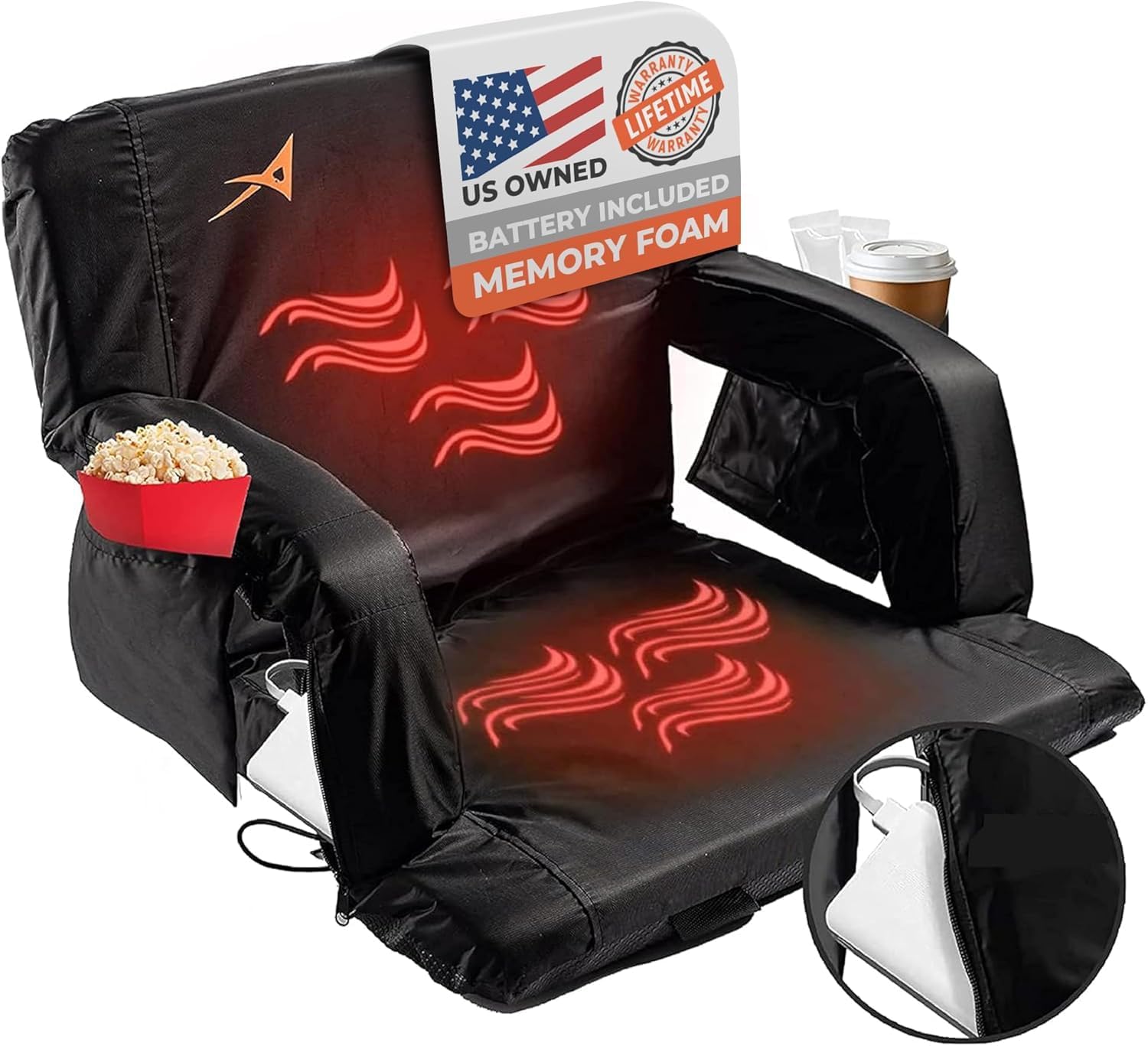ACELETIQS Stadium Seats for Bleachers with Back Support - Upgraded Model with Extra Heat – USB Battery Included - Upgraded 3 Levels of Heat - Foldable Chair - Cushioned, 4 Pockets (26" Double Heated)