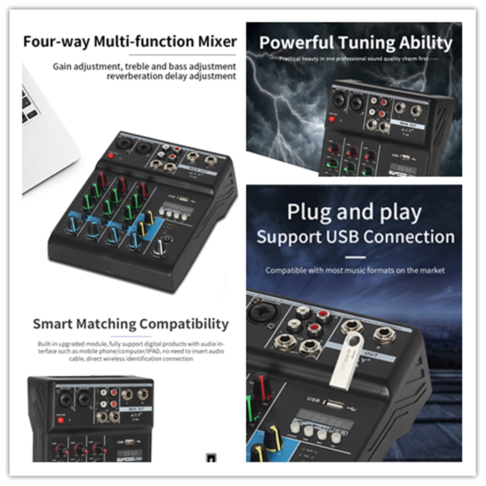Mixer DJ 4 Canali Audio USB Alimentazione Phantom 48V Console Registrazione per Computer Microfono Lettore per Live Studio Scena