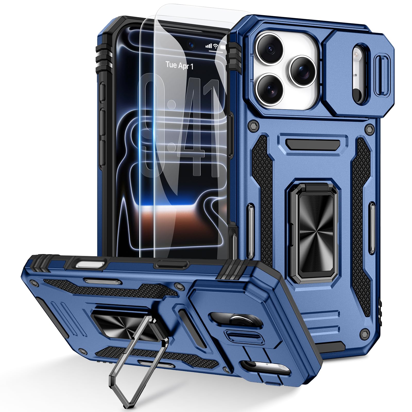 Coque iPhone 17 Doeshine marine antichoc avec béquille anneau et 2 verres trempés